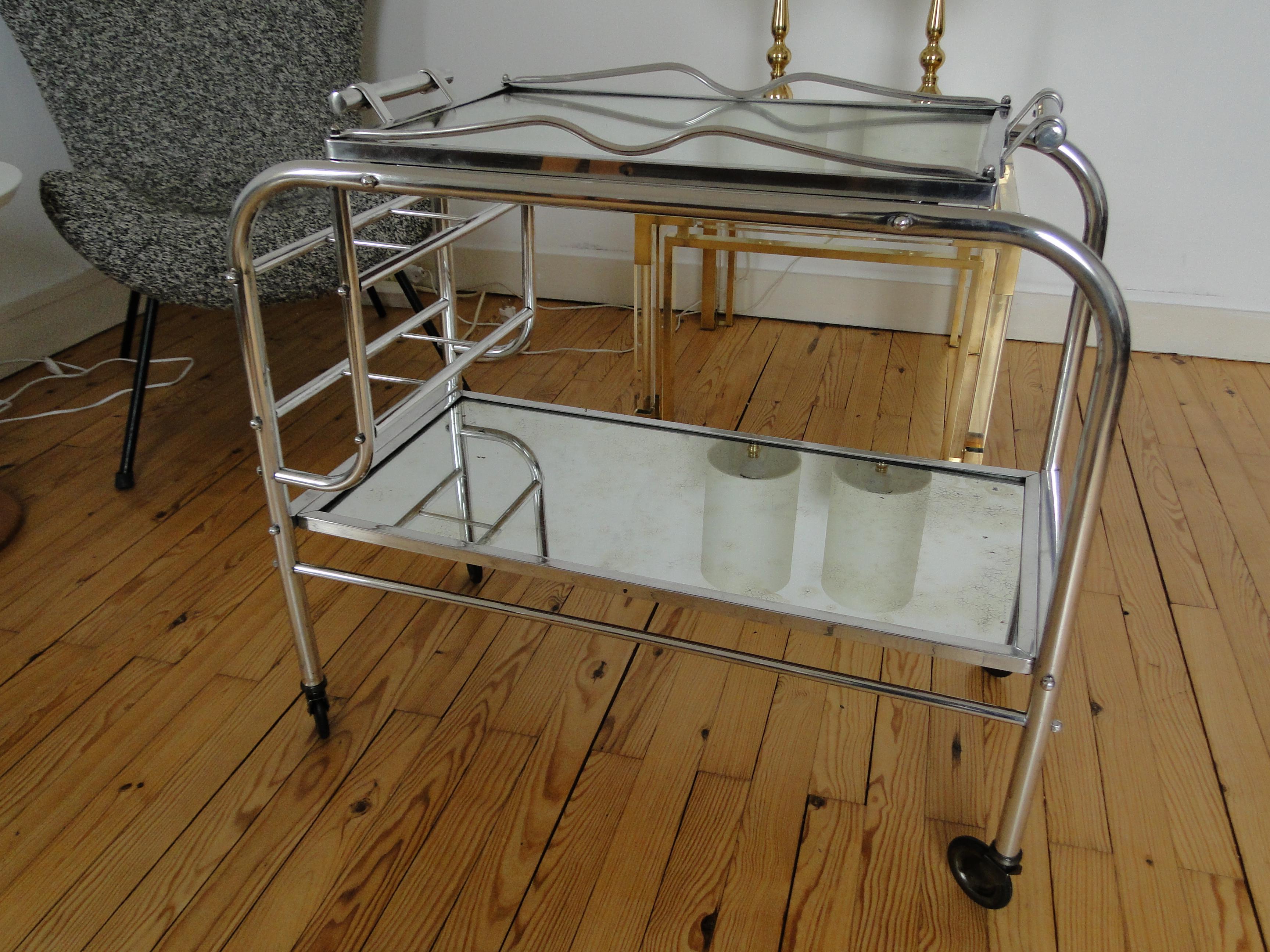 Metal Jacques Adnet Cart Bar Trolley Tea Table For Sale