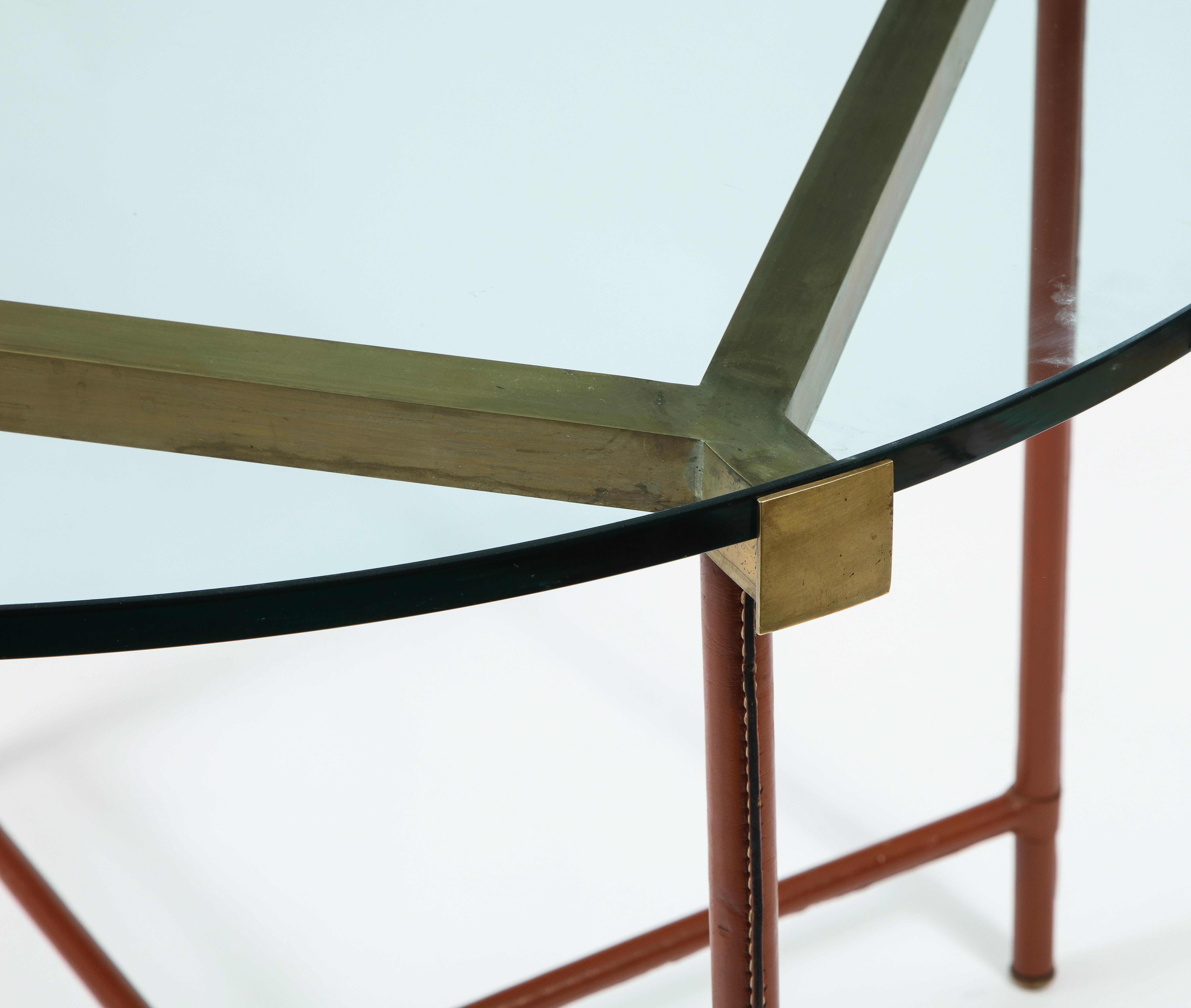 Jacques Adnet Center Table in Stitched Leather, Bronze and Gllass, France, 1950s For Sale 4