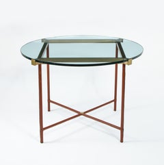 Jacques Adnet Ess- und Wohnzimmertisch aus genähtem Leder, Bronze und Glas, Frankreich, 1950er Jahre