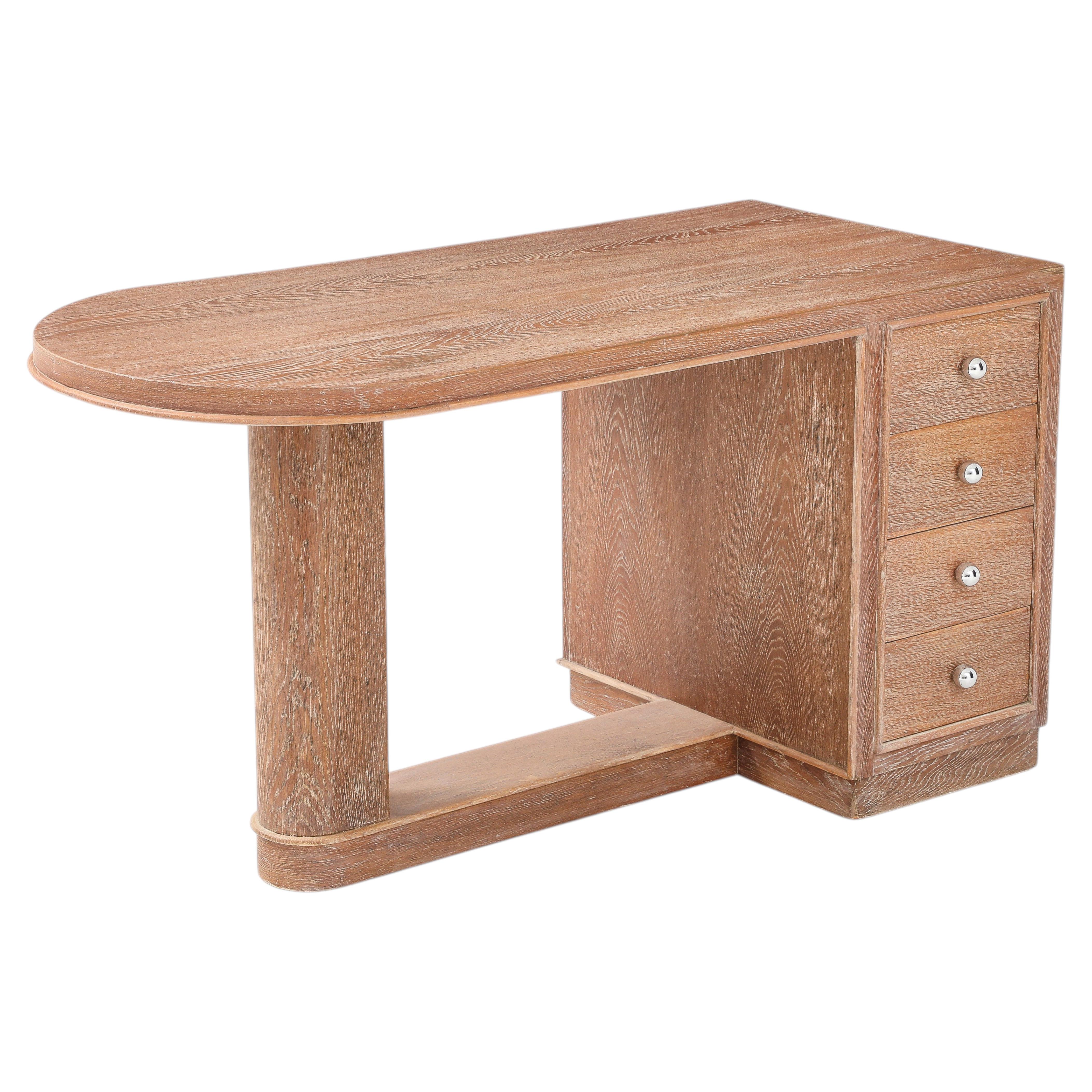 Jacques Adnet Cerused Desk Drawers & Steel Knob, France, c. 1950 For Sale