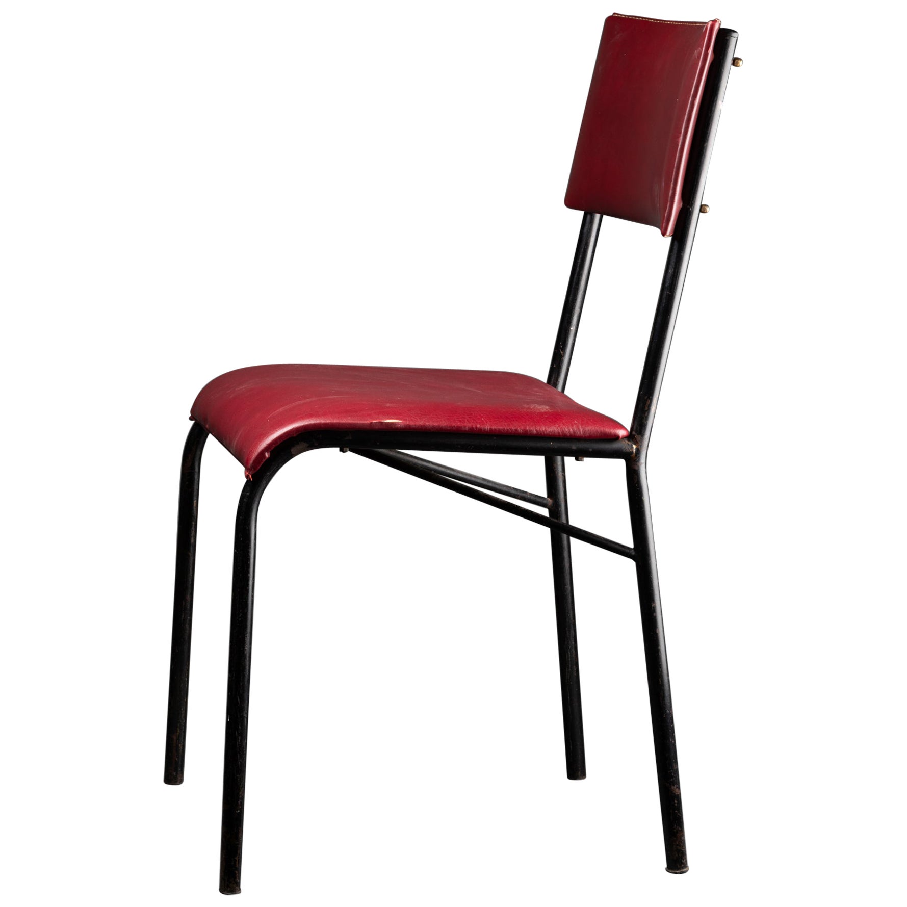 Jacques Adnet : Chaise Métal Noir Et Skaï Rouge-Bordeaux, Vers 1950