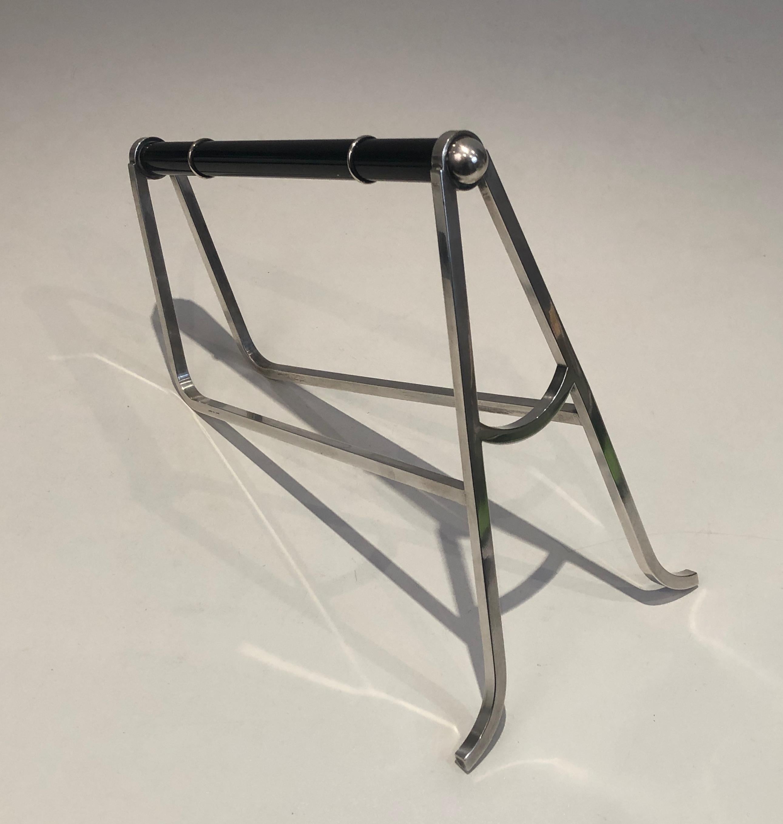 Mid-Century Modern Jacques Adnet & Christofle, Silver Plated and Chinese Lacquer Bottle Holder, Fre For Sale