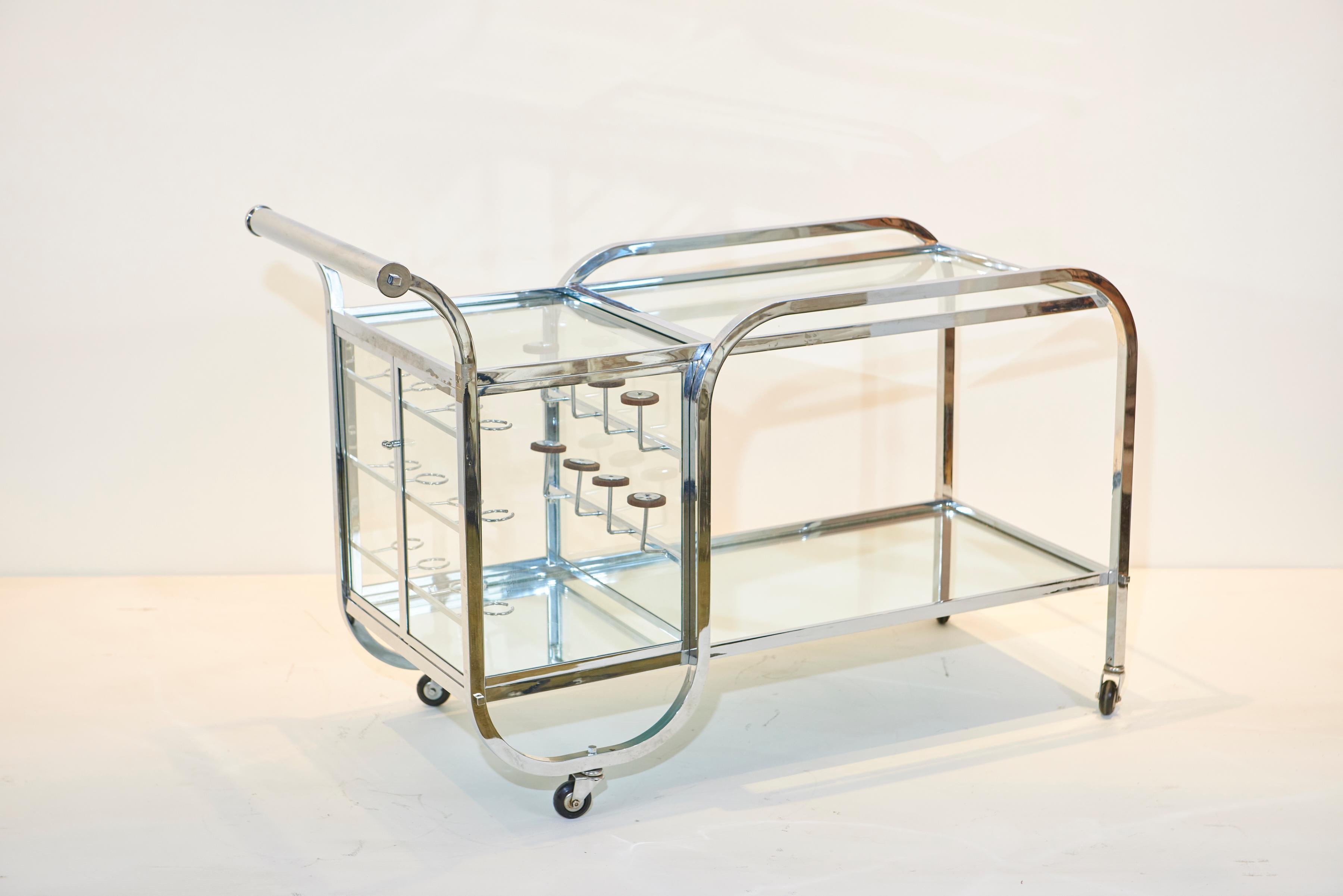 Jacques Adnet Chrome Bar Cart In Excellent Condition For Sale In Los Angeles, CA