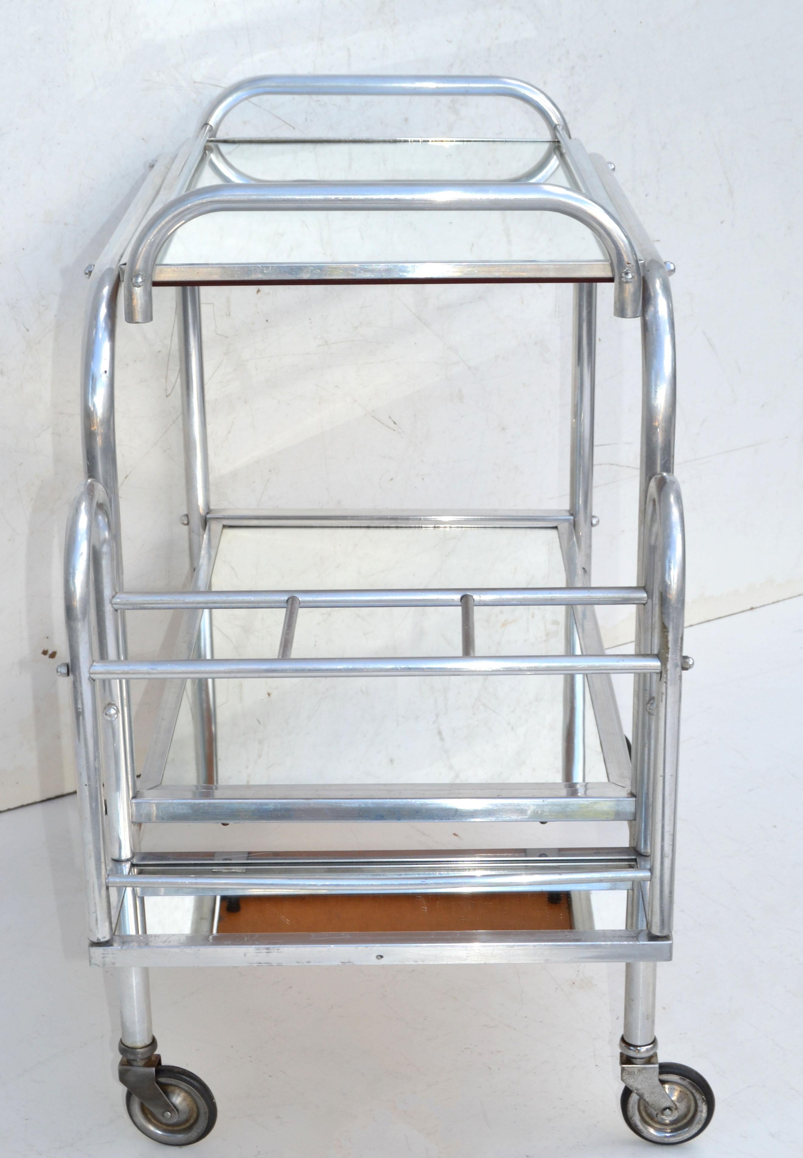 Mid-Century Modern Jacques Adnet Chrome & Mirrored 2 Tier Bar Cart Bottle Holder, France, 1950  For Sale