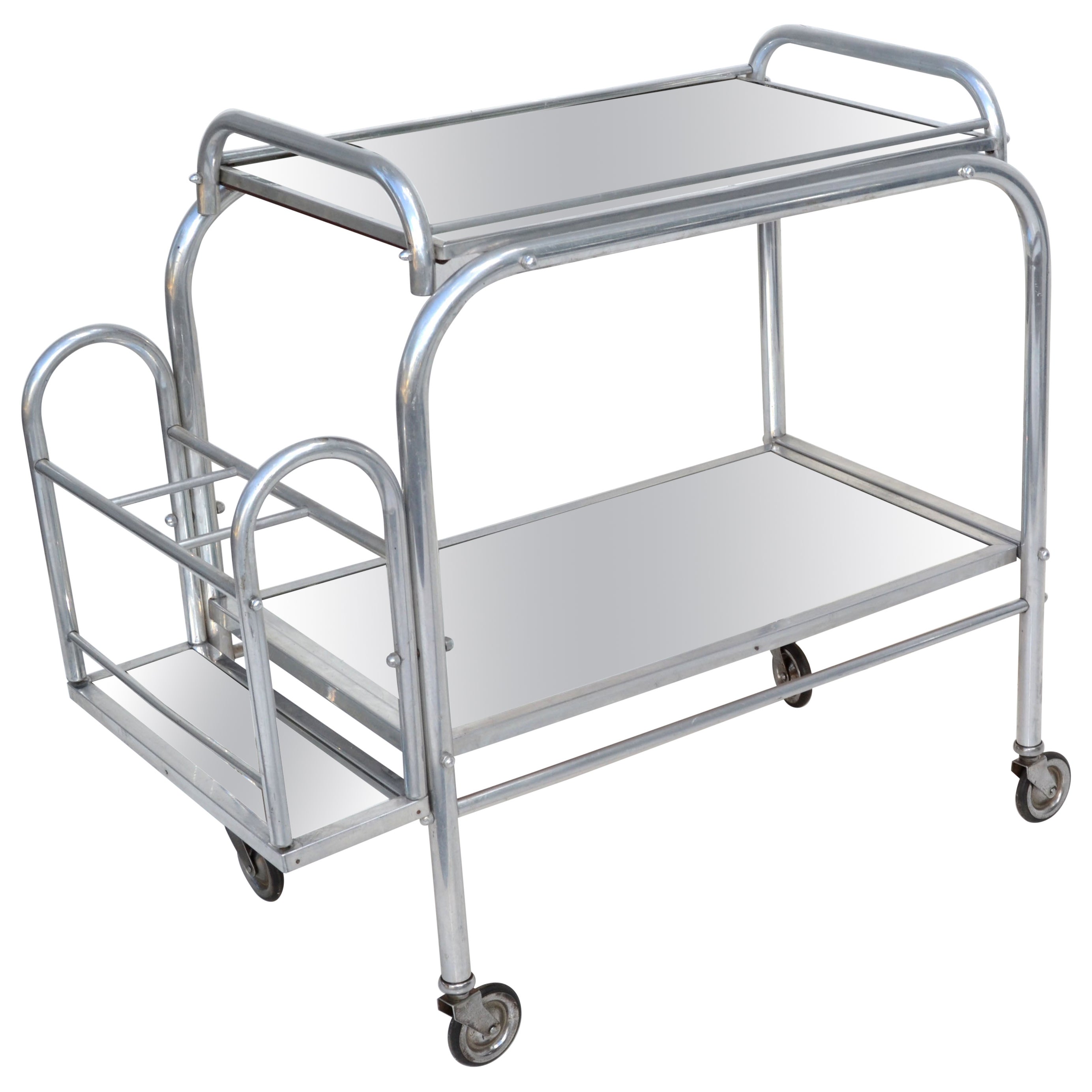 Jacques Adnet Chrome & Mirrored 2 Tier Bar Cart Bottle Holder, France, 1950