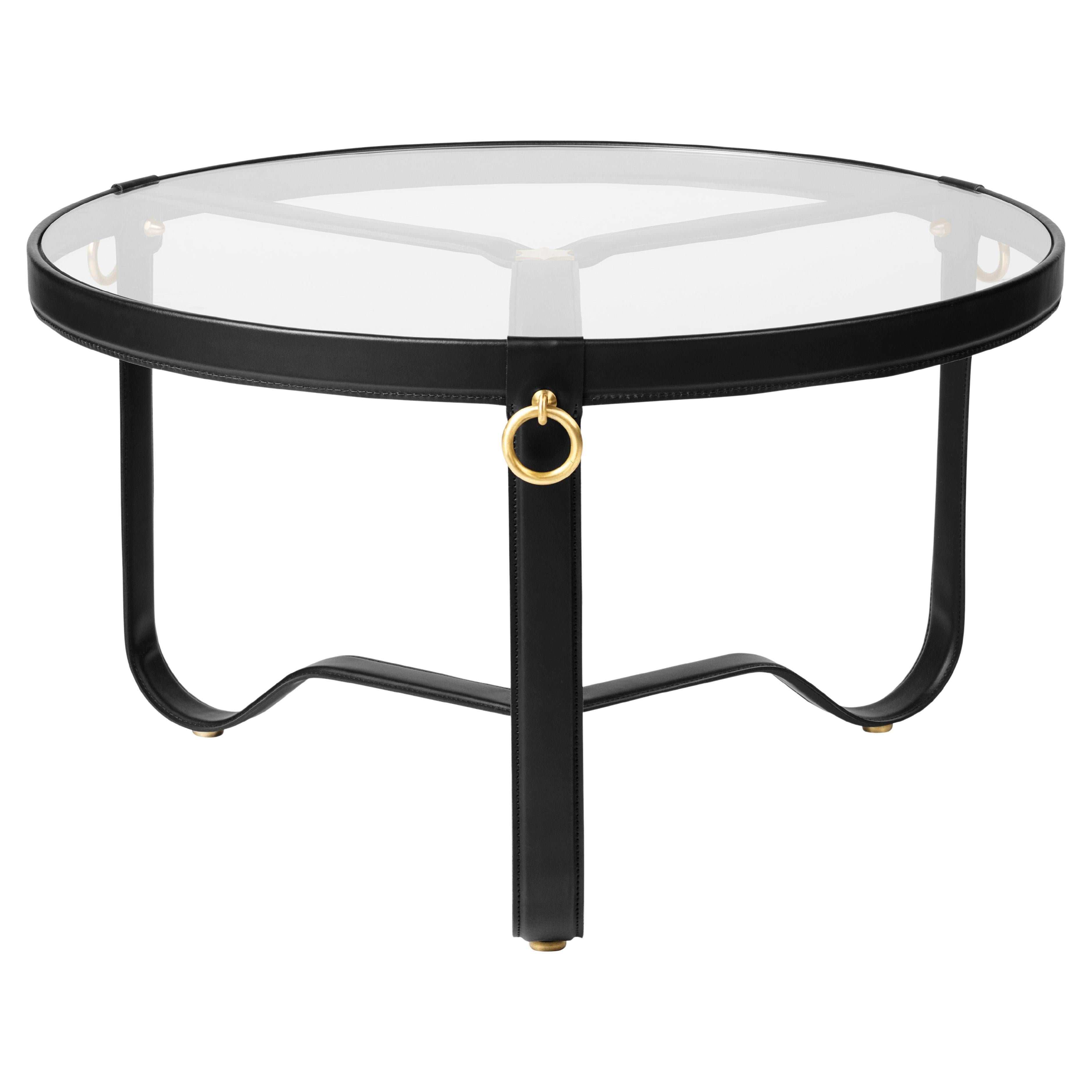 Table basse ou d'appoint en verre et cuir noir 'Circulaire' de Jacques Adnet pour GUBI