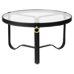 Table basse ou d'appoint en verre et cuir noir 'Circulaire' de Jacques Adnet pour GUBI