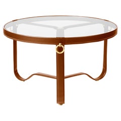 Jacques Adnet 'Circulaire' Glass and Brown Leather Coffee or Side Table for GUBI