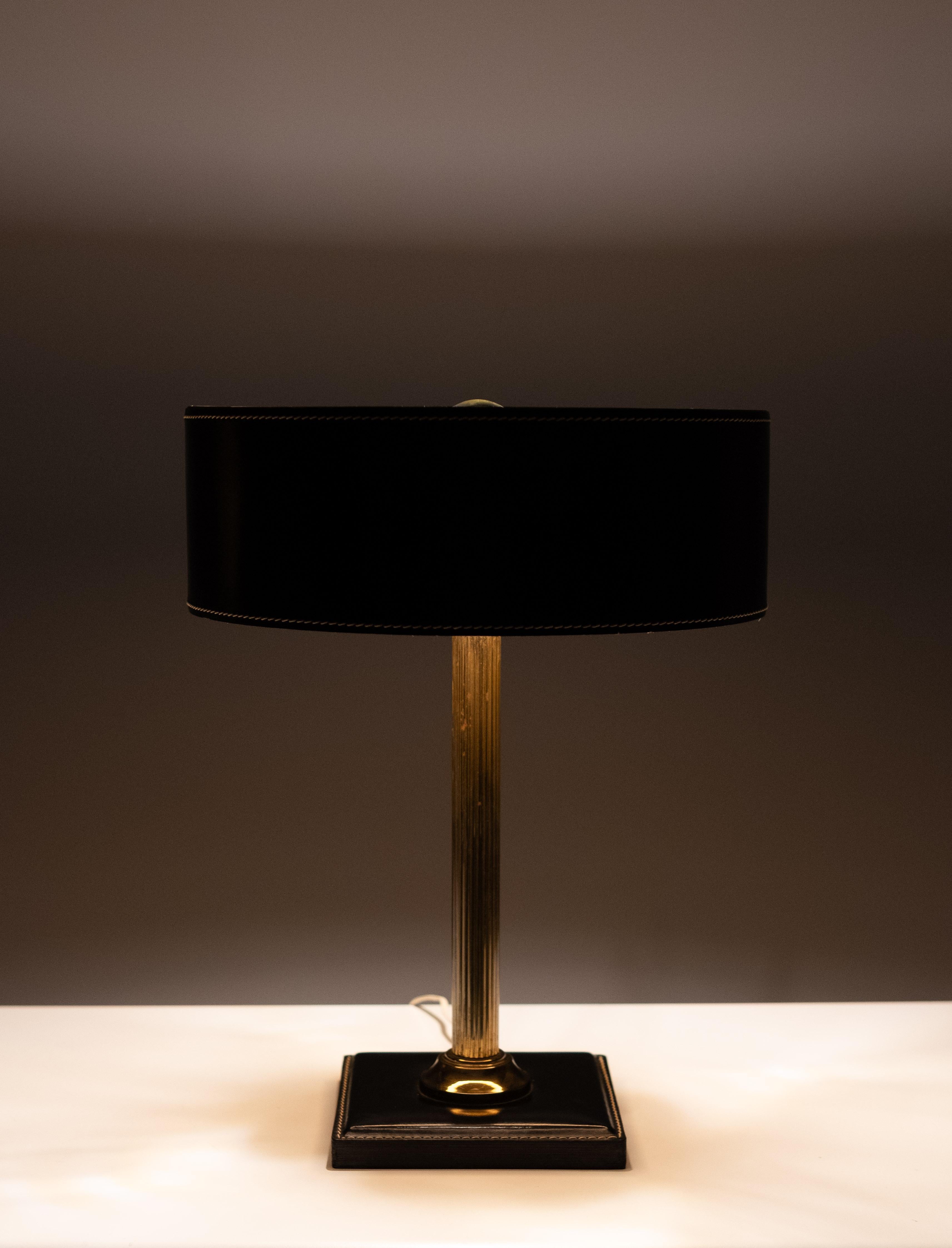 Mid-20th Century Jacques Adnet clad table lamp in Black leather, France 1960 For Sale