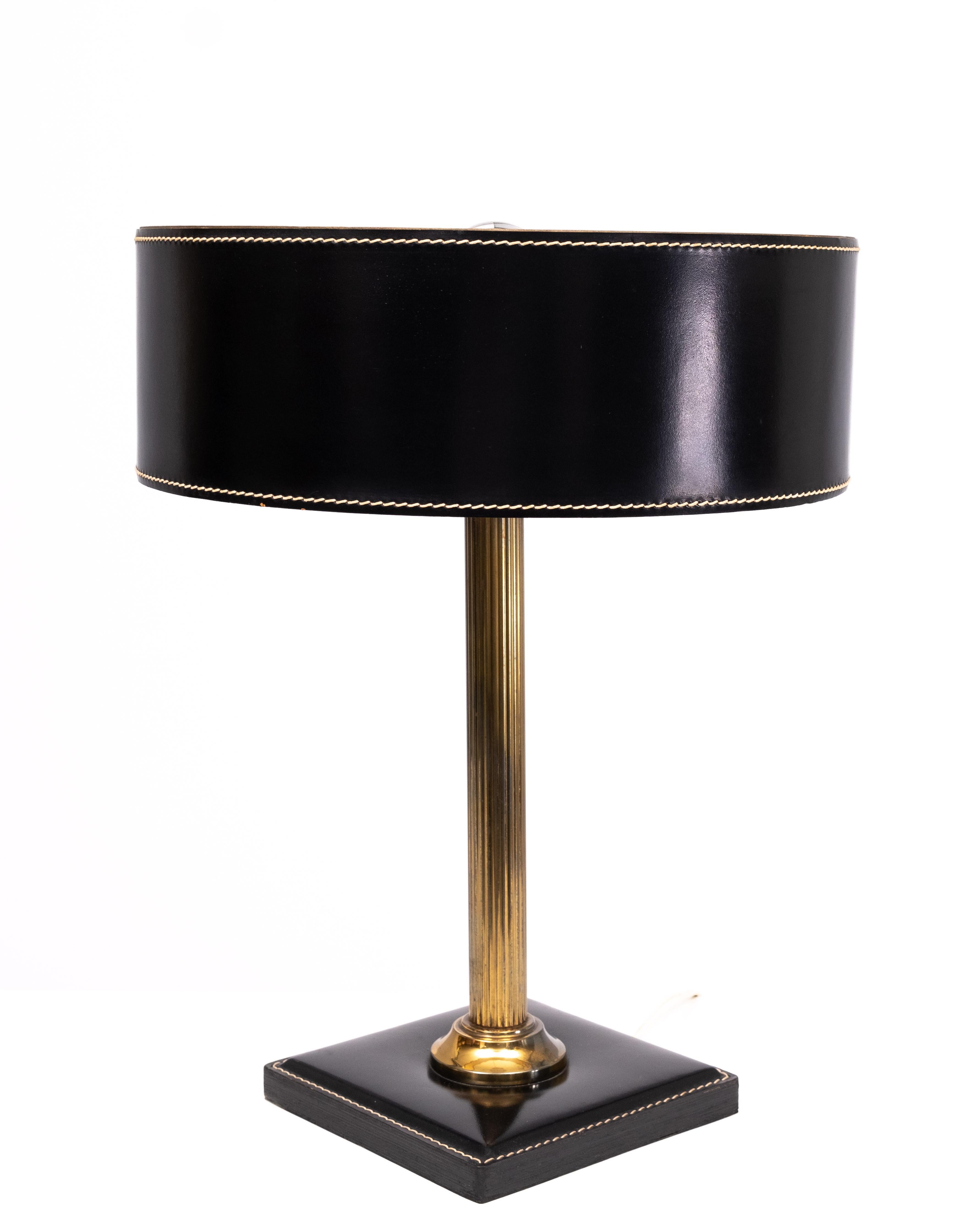 Leather Jacques Adnet clad table lamp in Black leather, France 1960 For Sale