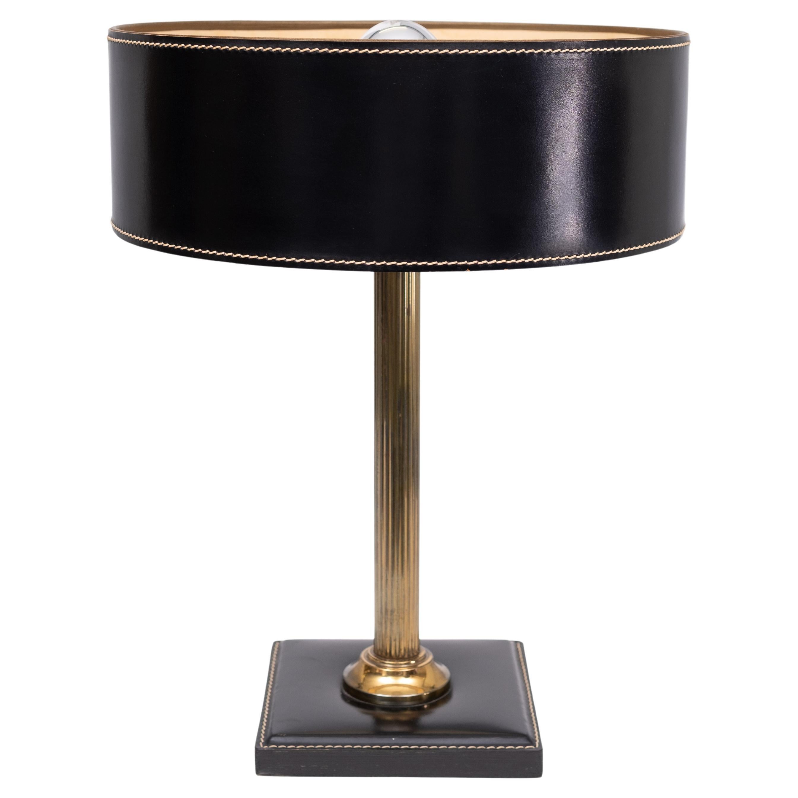 Jacques Adnet clad table lamp in Black leather, France 1960 For Sale