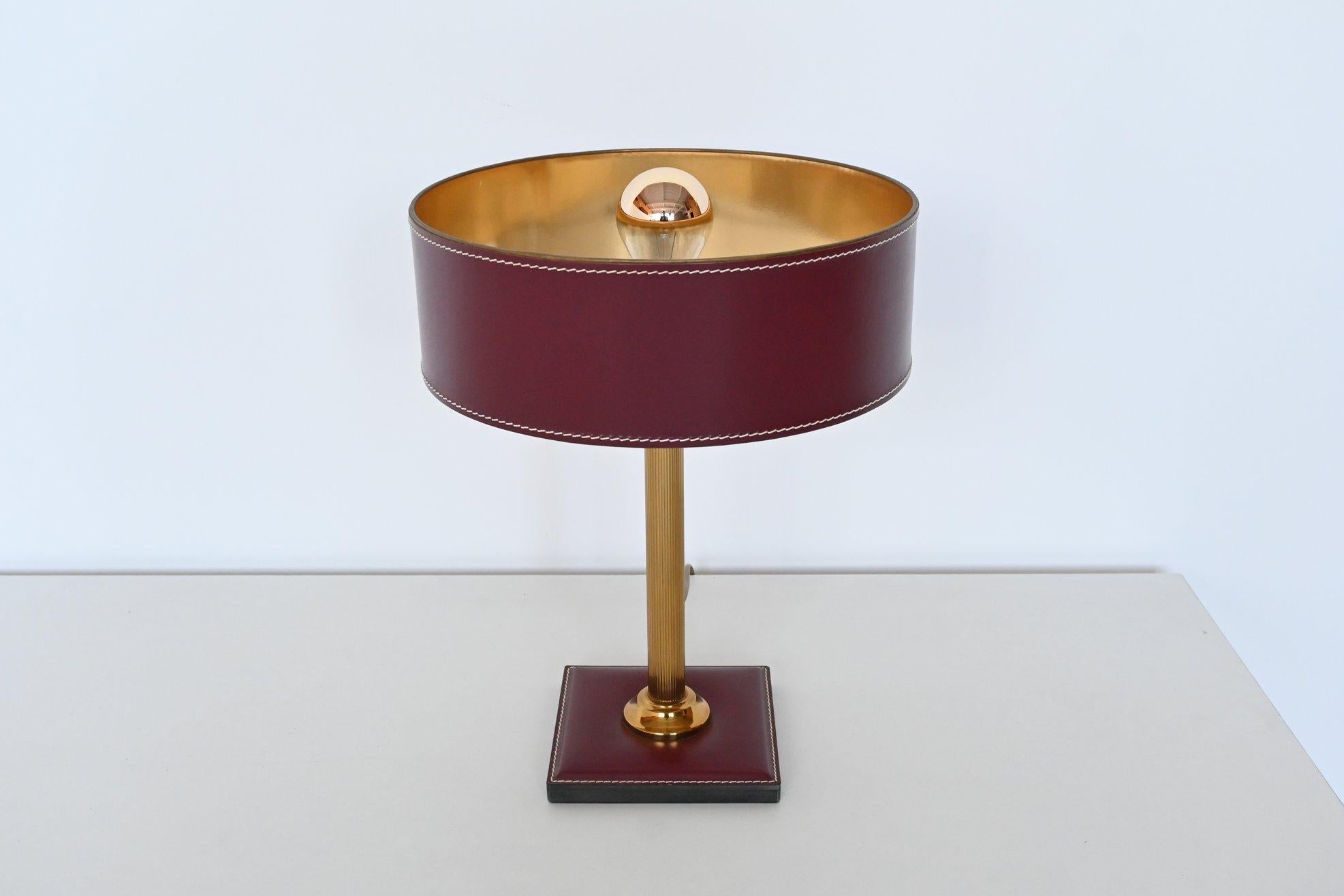 Mid-Century Modern Jacques Adnet Clad Table Lamp Red Leather, France, 1960