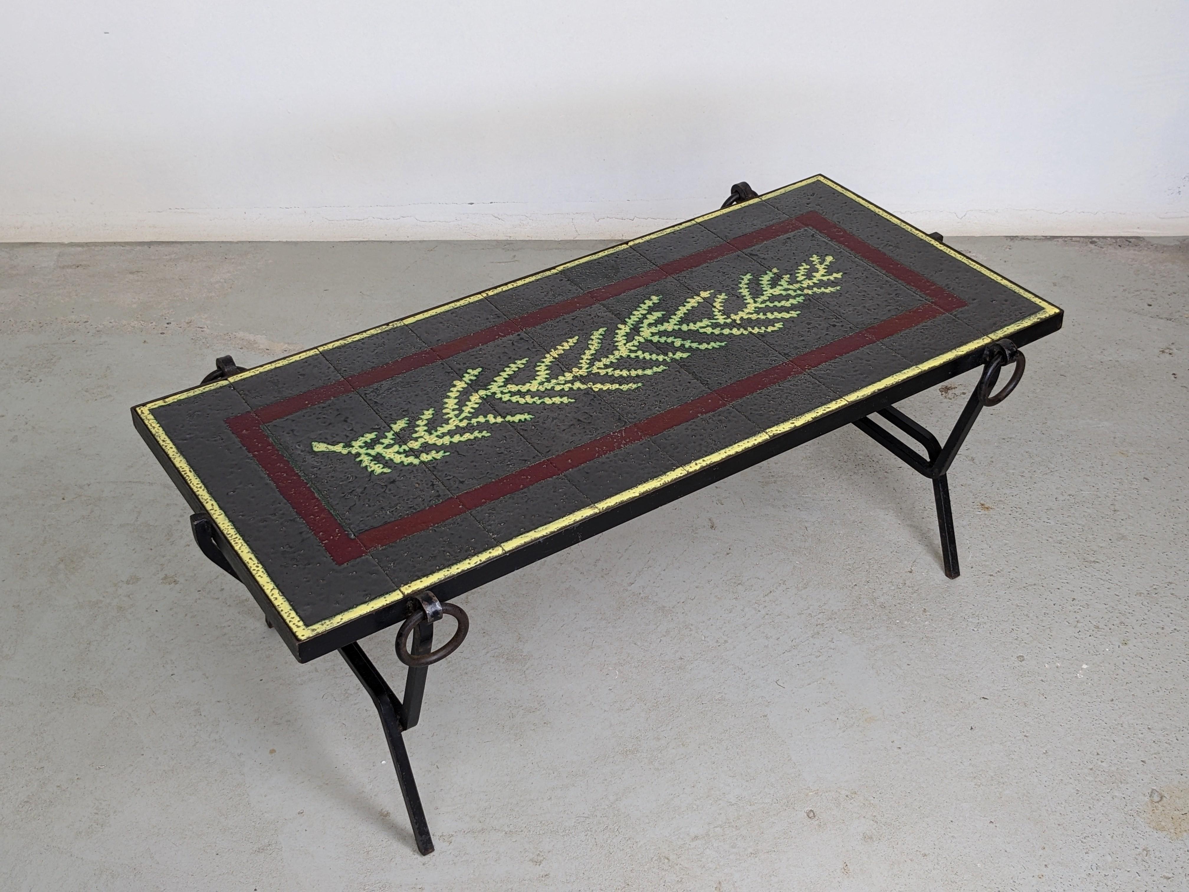 Mid-Century Modern Jacques Adnet Coffee Table in Metal & Glazed Stoneware Tiles, France, 1950s