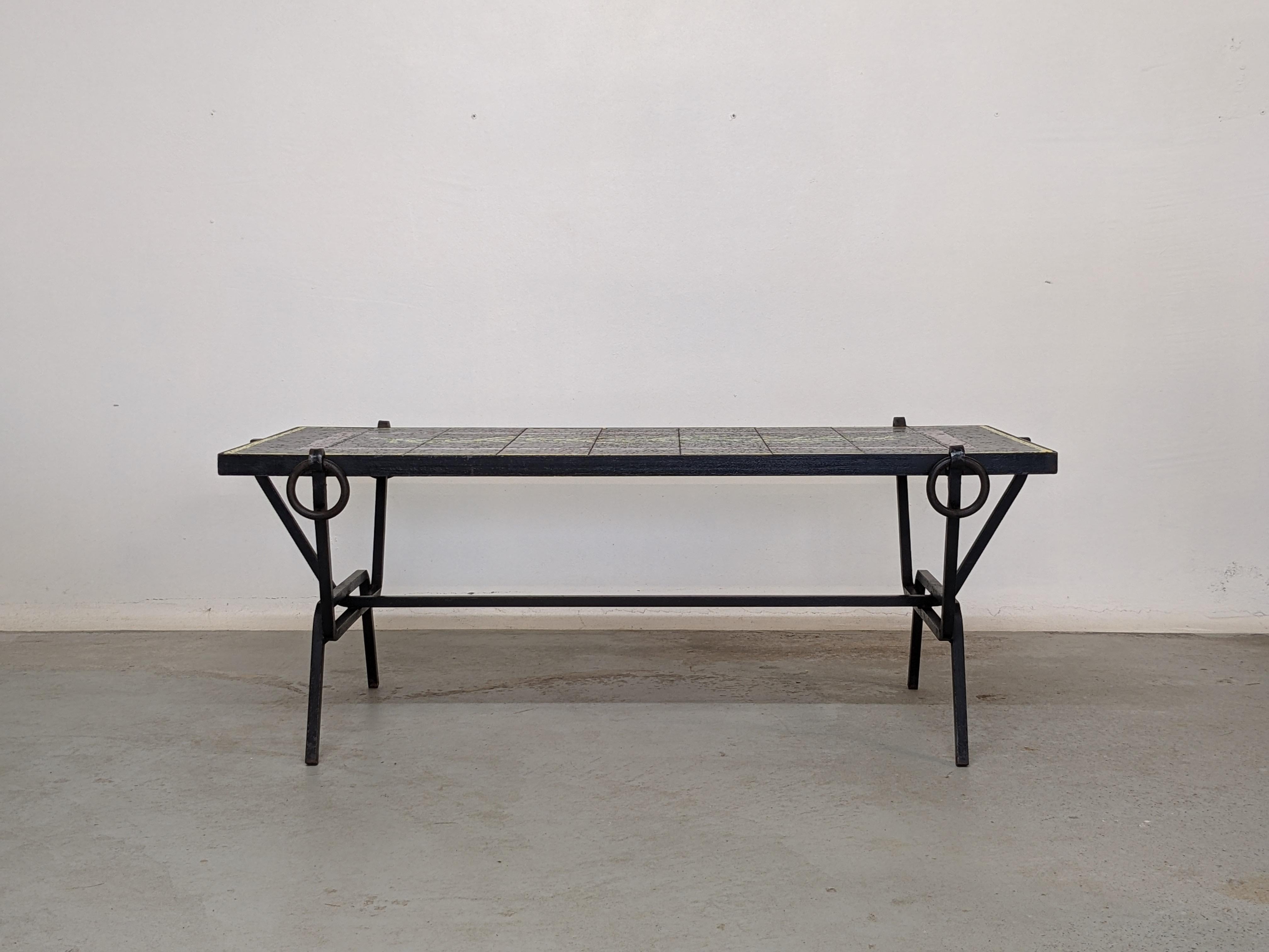 Jacques Adnet Coffee Table in Metal & Glazed Stoneware Tiles, France, 1950s In Good Condition In La Teste De Buch, FR