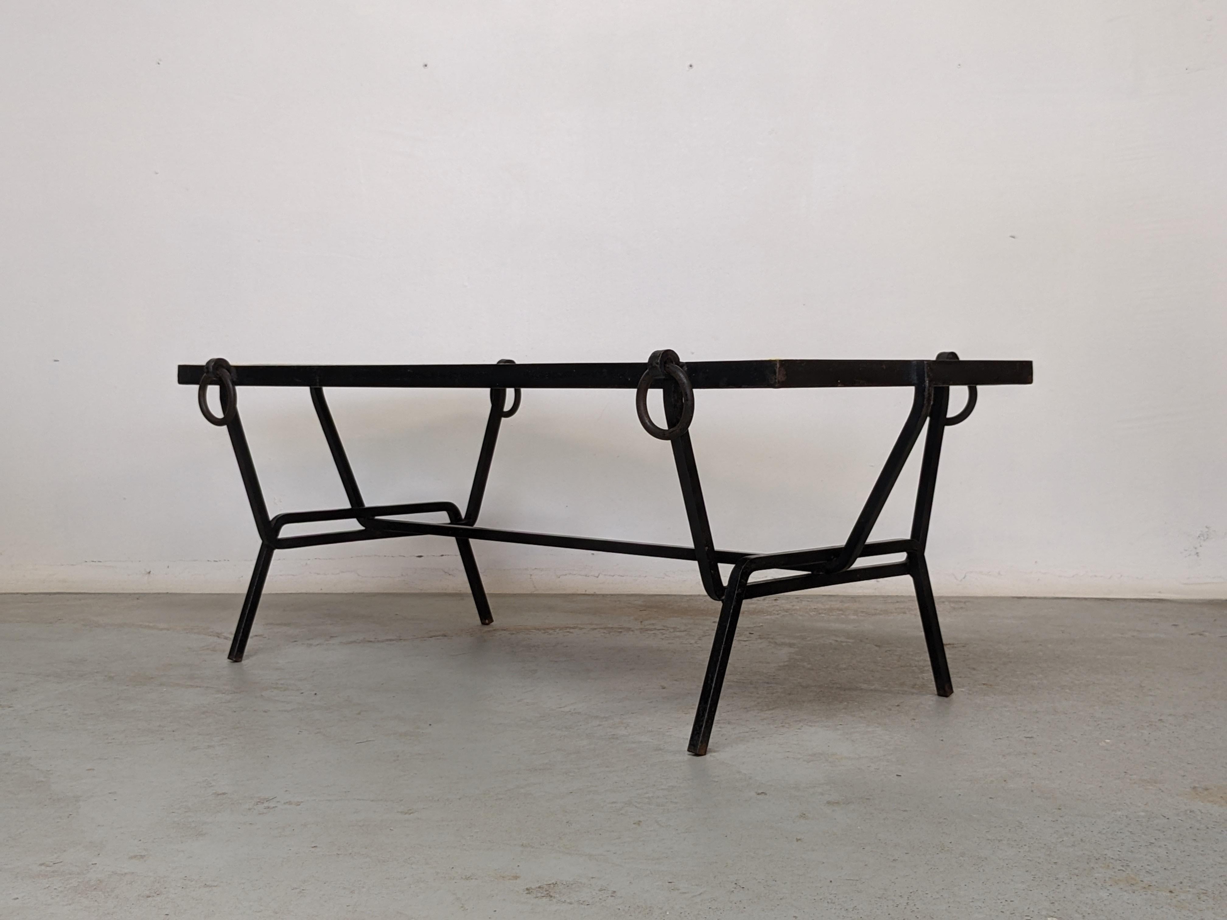 Mid-20th Century Jacques Adnet Coffee Table in Metal & Glazed Stoneware Tiles, France, 1950s