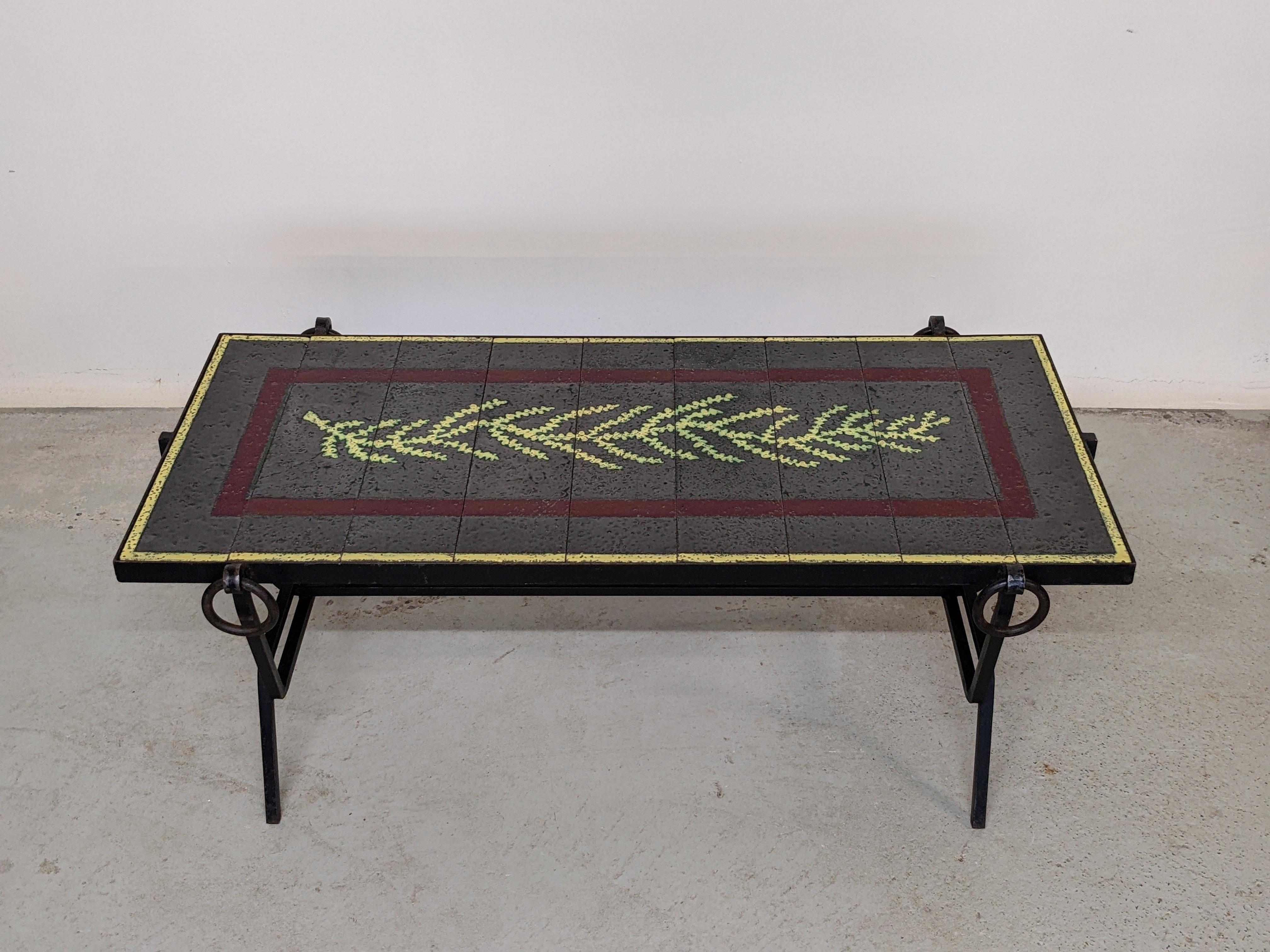 Jacques Adnet Coffee Table in Metal & Glazed Stoneware Tiles, France, 1950s 2