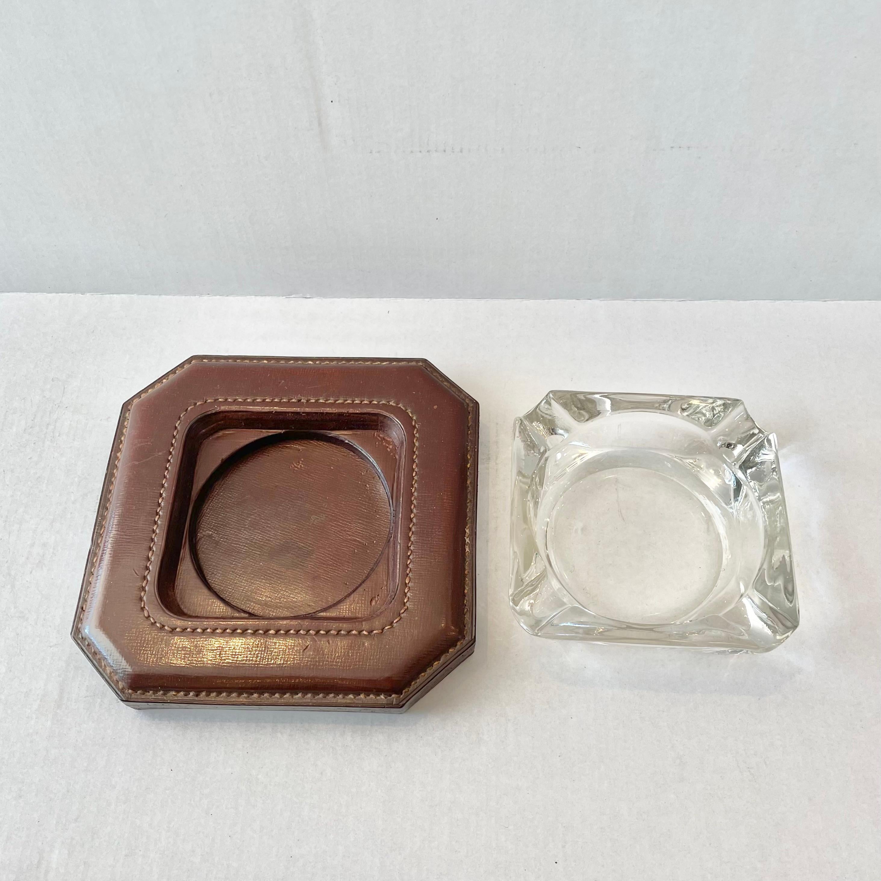 French Jacques Adnet Cognac Leather and Glass Ashtray, 1950s France For Sale