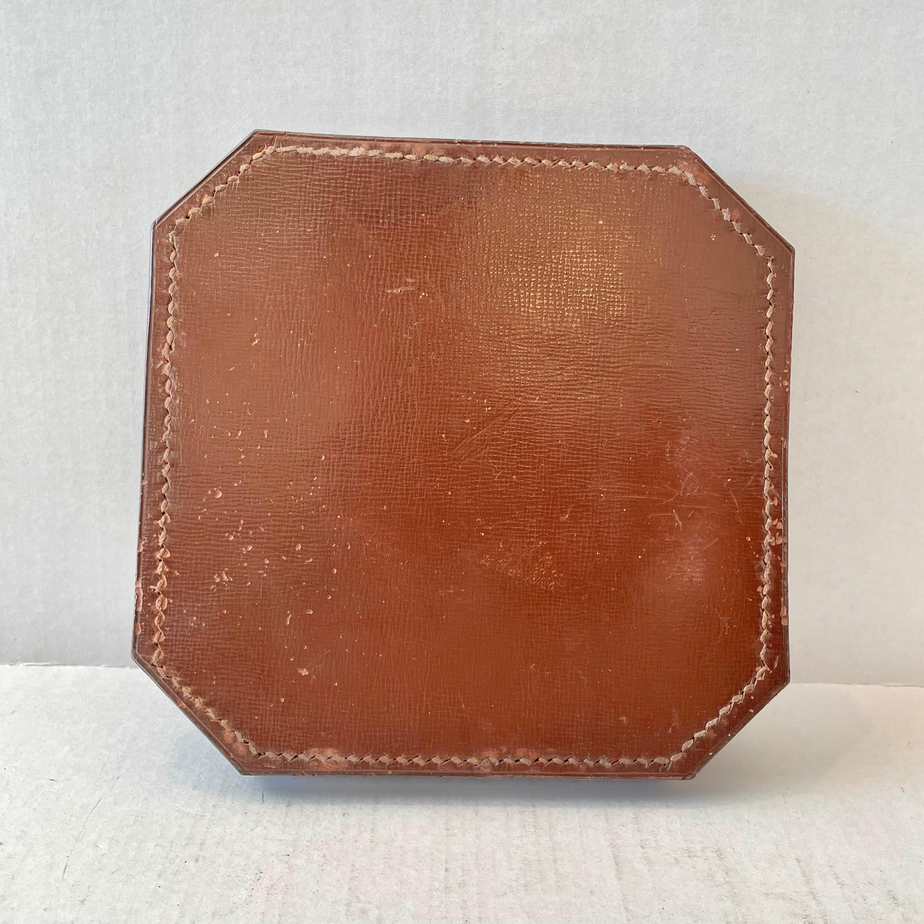 Jacques Adnet Cognac Leather and Glass Ashtray, 1950s France In Good Condition For Sale In Los Angeles, CA