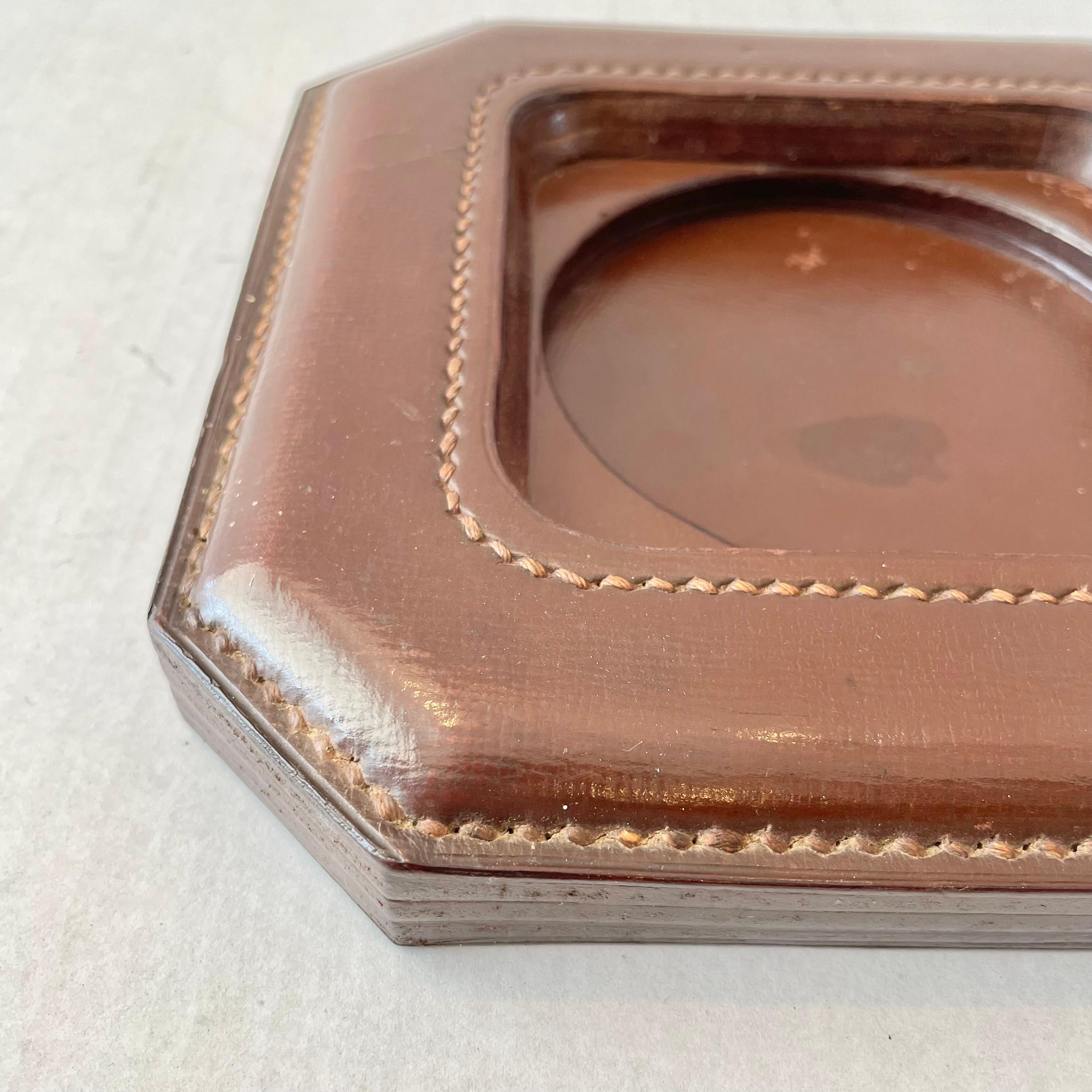 Mid-20th Century Jacques Adnet Cognac Leather and Glass Ashtray, 1950s France For Sale