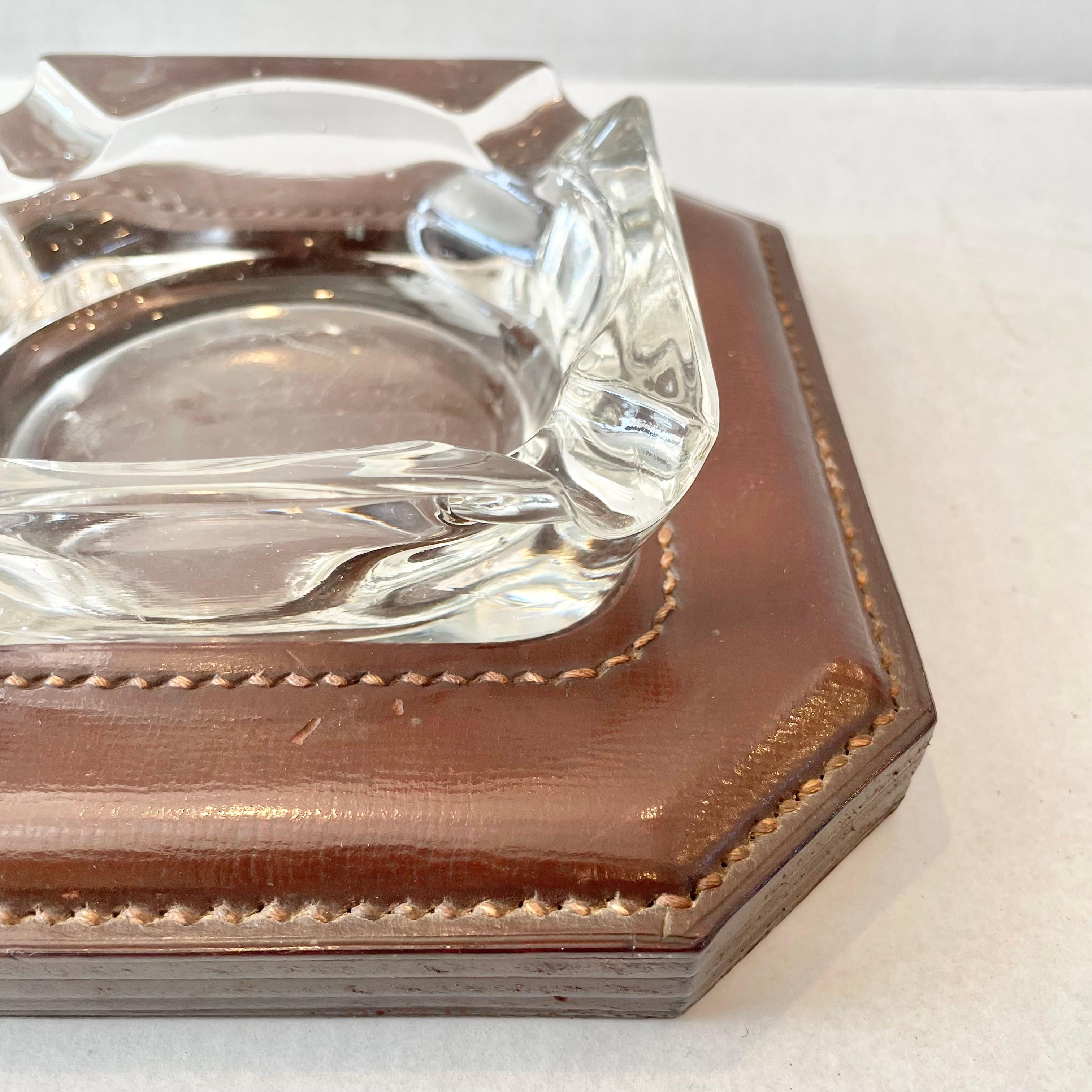 Jacques Adnet Cognac Leather and Glass Ashtray, 1950s France For Sale 1