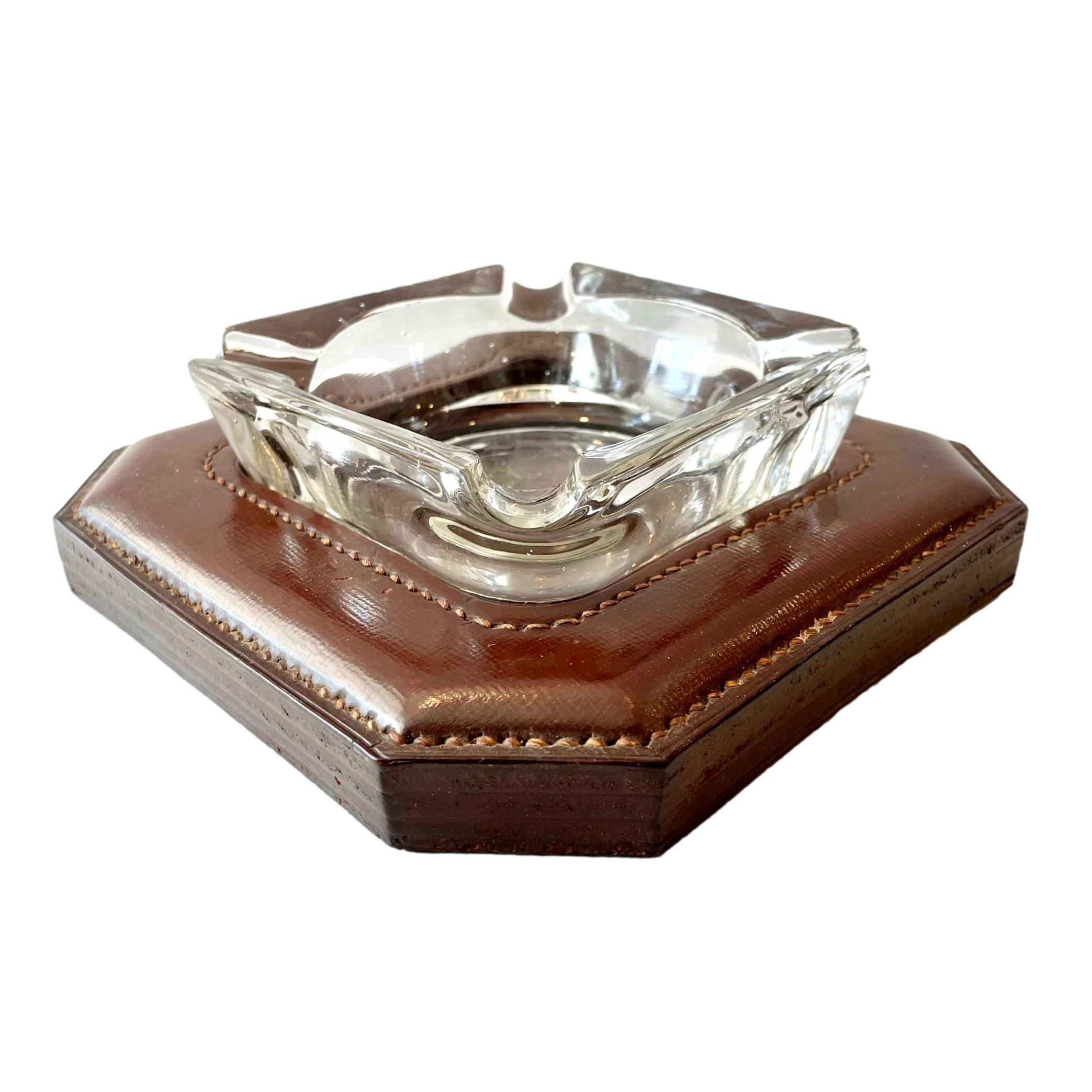 Jacques Adnet Cognac Leather and Glass Ashtray, 1950s France For Sale