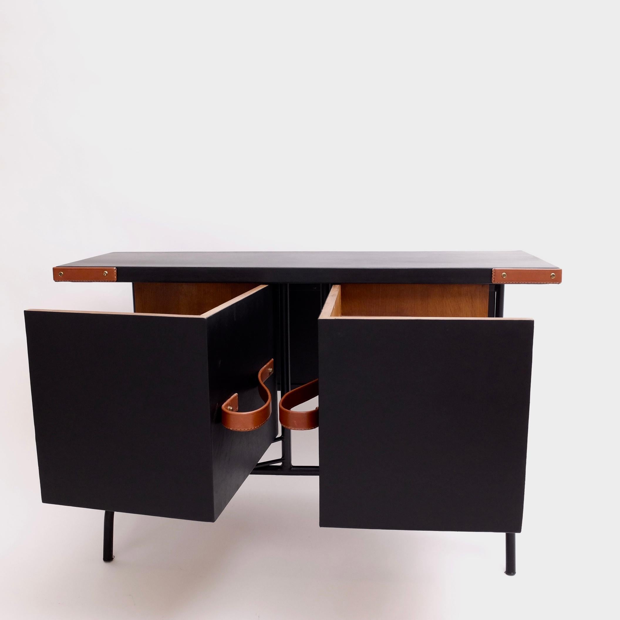Mid-20th Century Jacques Adnet Console, Credenza with Pivoting Drawers Hermes Signed Brevilly