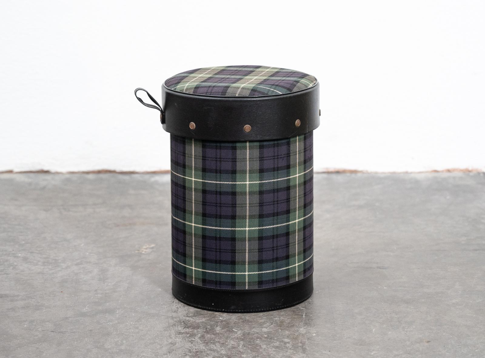 Mid century Jacques Adnet covered tartan wastepaper bin/stool, France, 1960s.