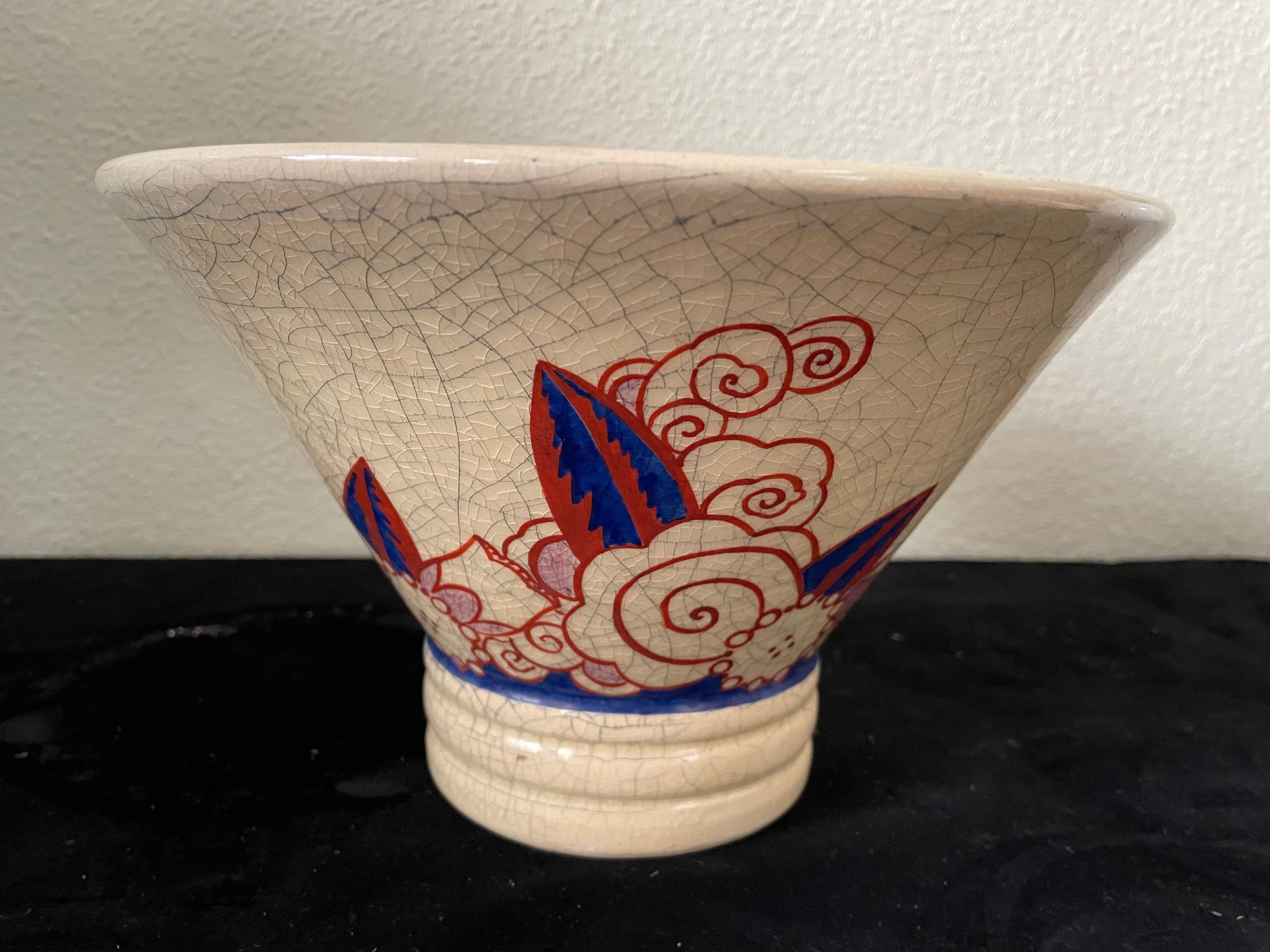 Beautiful rare Craquelé Ceramic Bowl by Jacques Adnet. France 1925.
Probably custom-made for the Art Déco exhibition in Paris 1925, shown on a photo of an exhibition showcase.

Bibliographie: Alain-René Hardy/ Gaelle Millet: Jacques Adnet Les