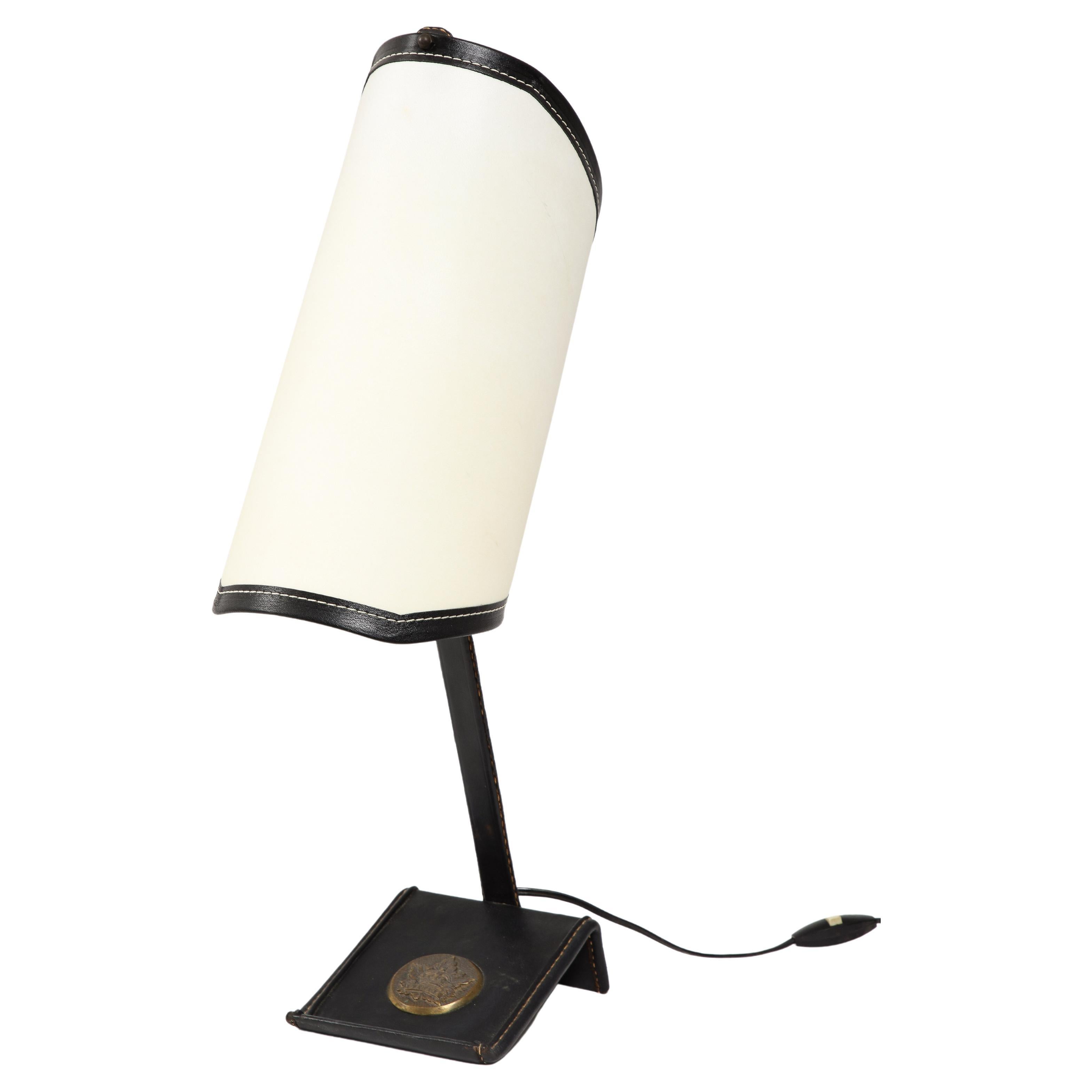 Jacques Adnet Curved Desk Lamp With Black Leather Trim, France 1950's For Sale