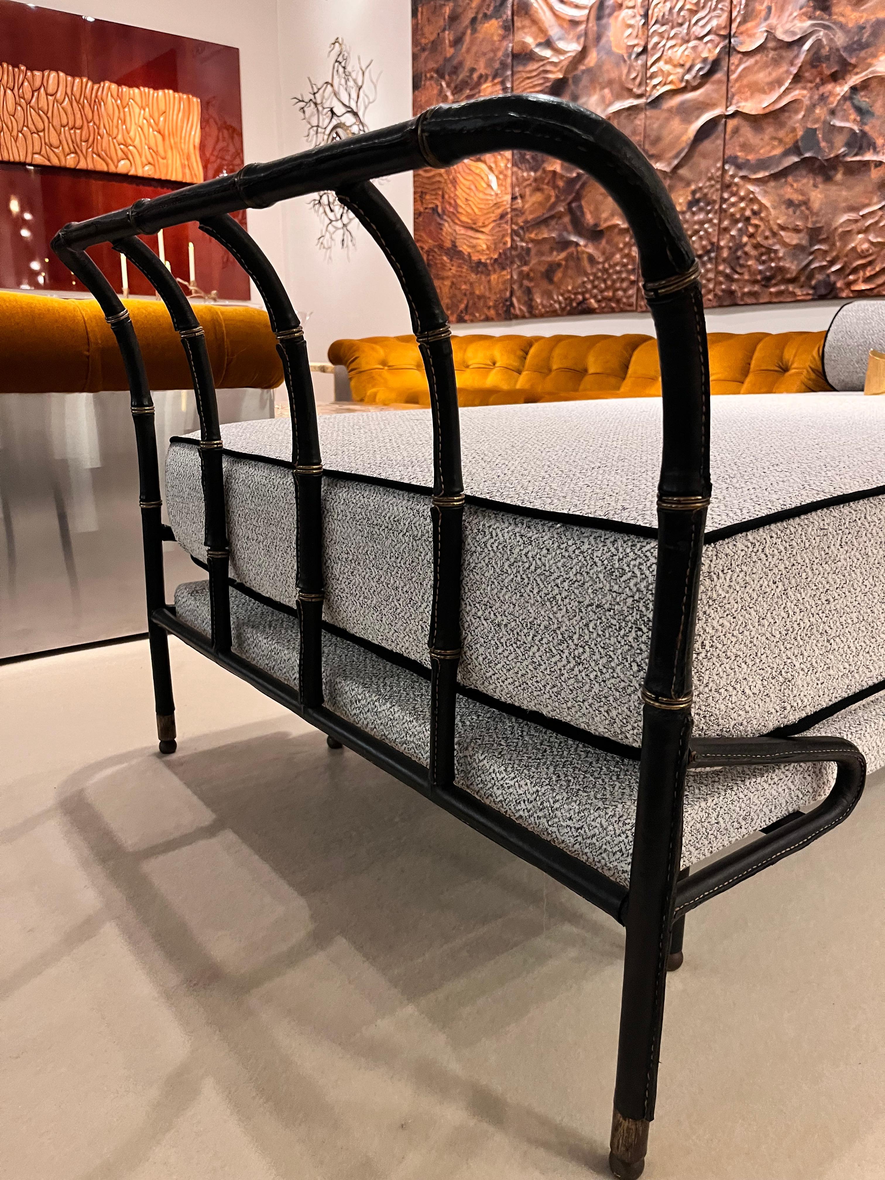 Jacques Adnet - Daybed in Black Stitched Leather and Brass - France, 1950 For Sale 7