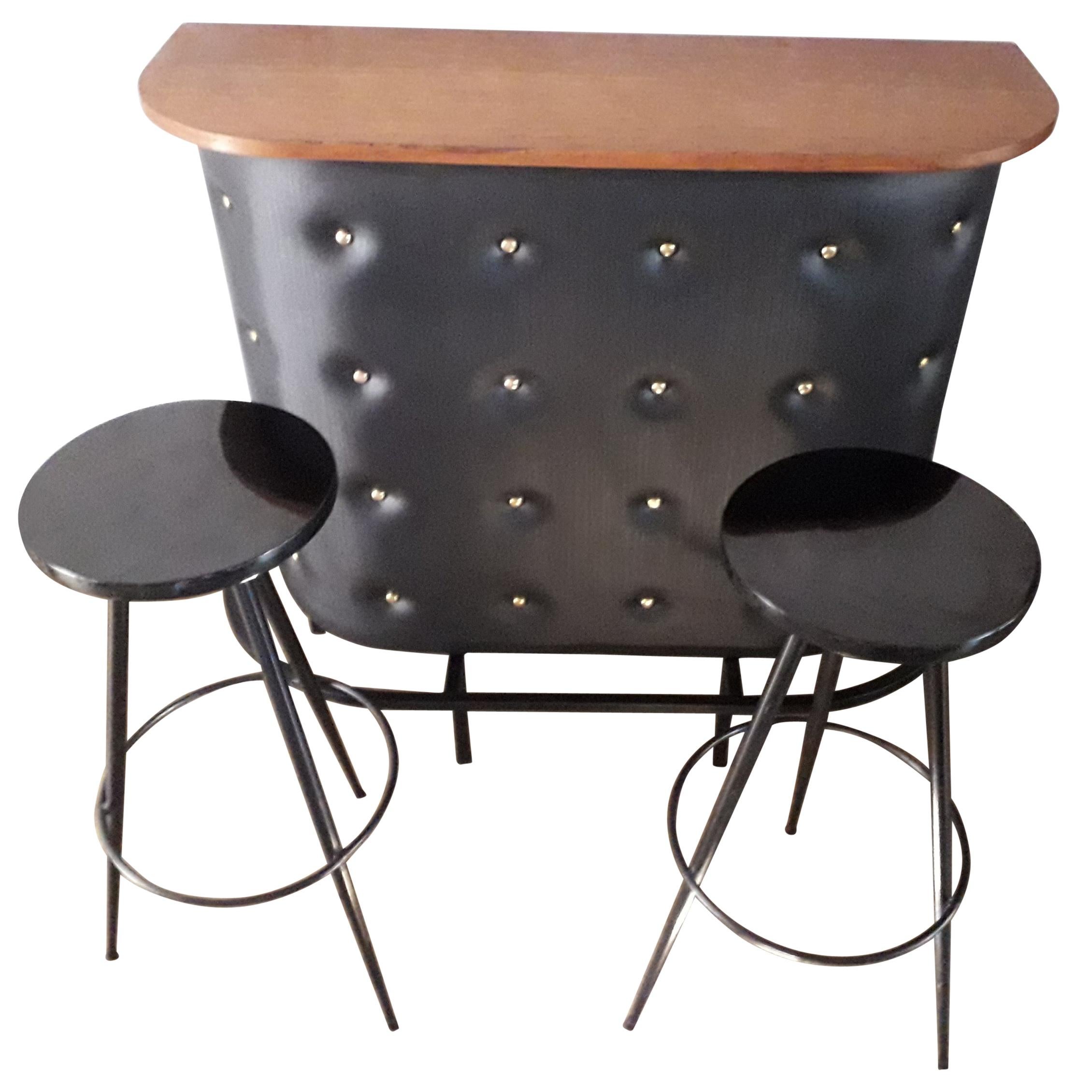 Jacques Adnet, Dry Bar with 2 Stools, France 1950, Mid-Century Modern