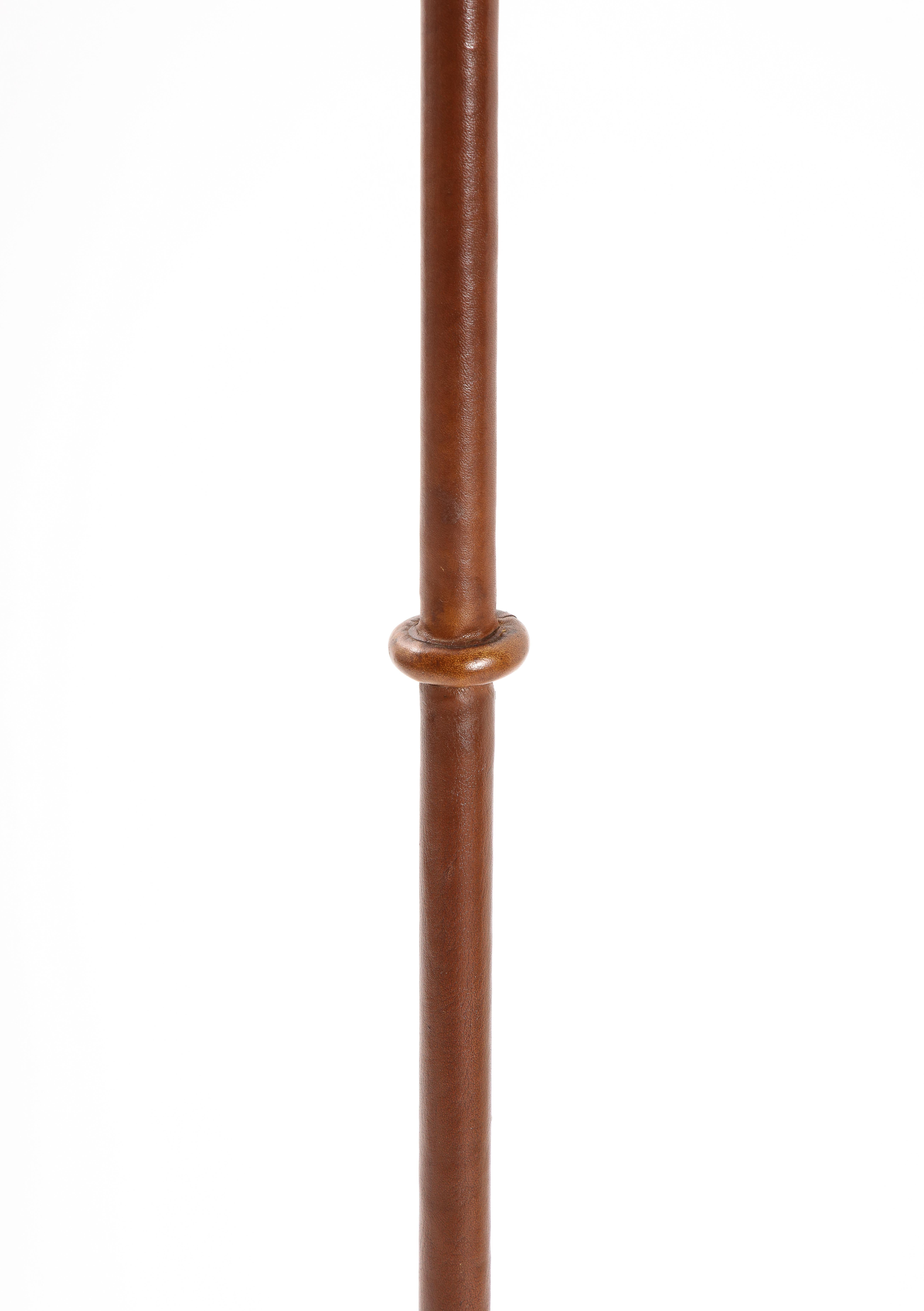 Leather stitched reading reading lamp with excellent patina, rewired.