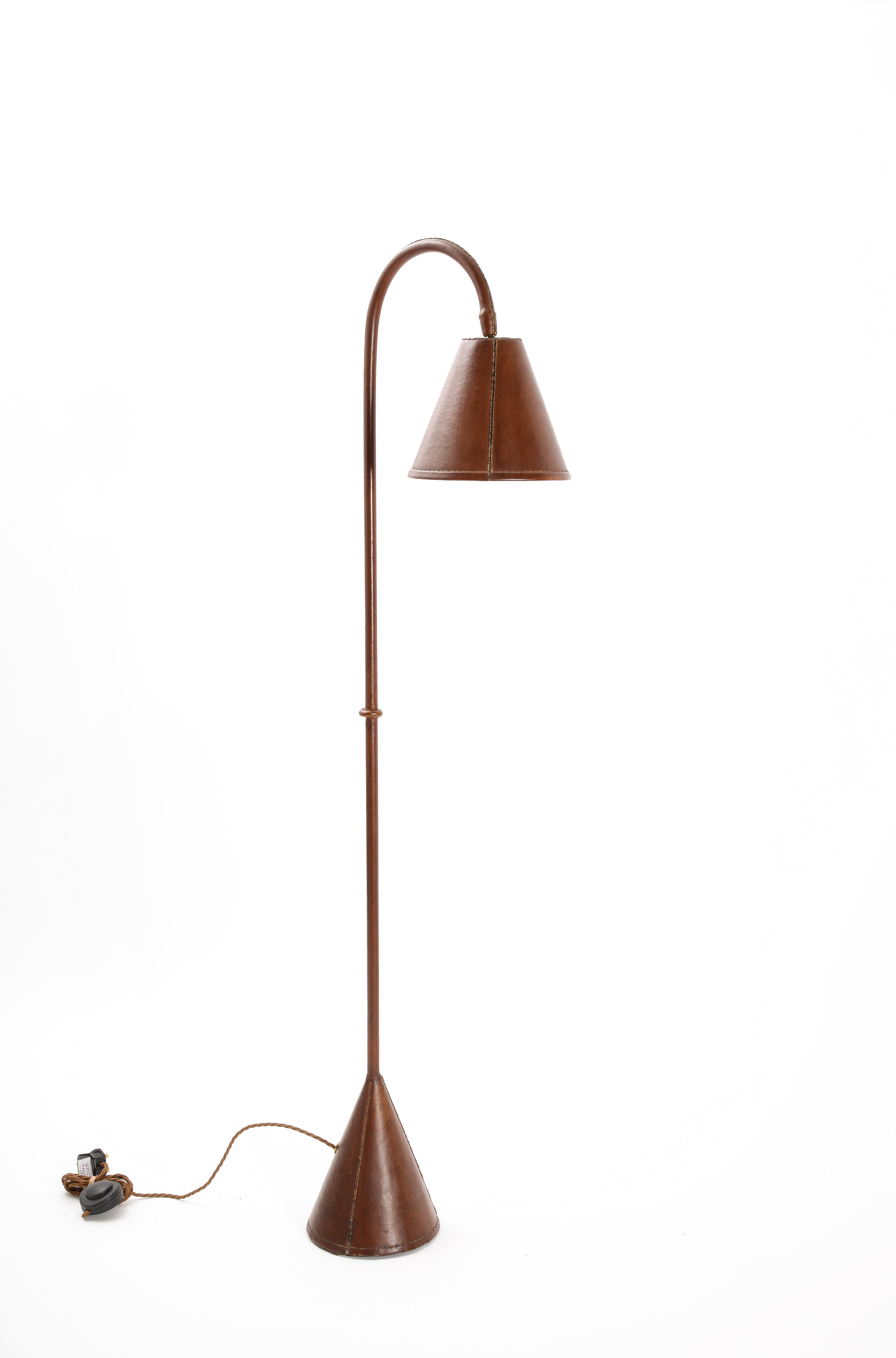 Jacques Adnet Dual Cone Leather Floor Lamps. France 1950s In Good Condition In New York, NY