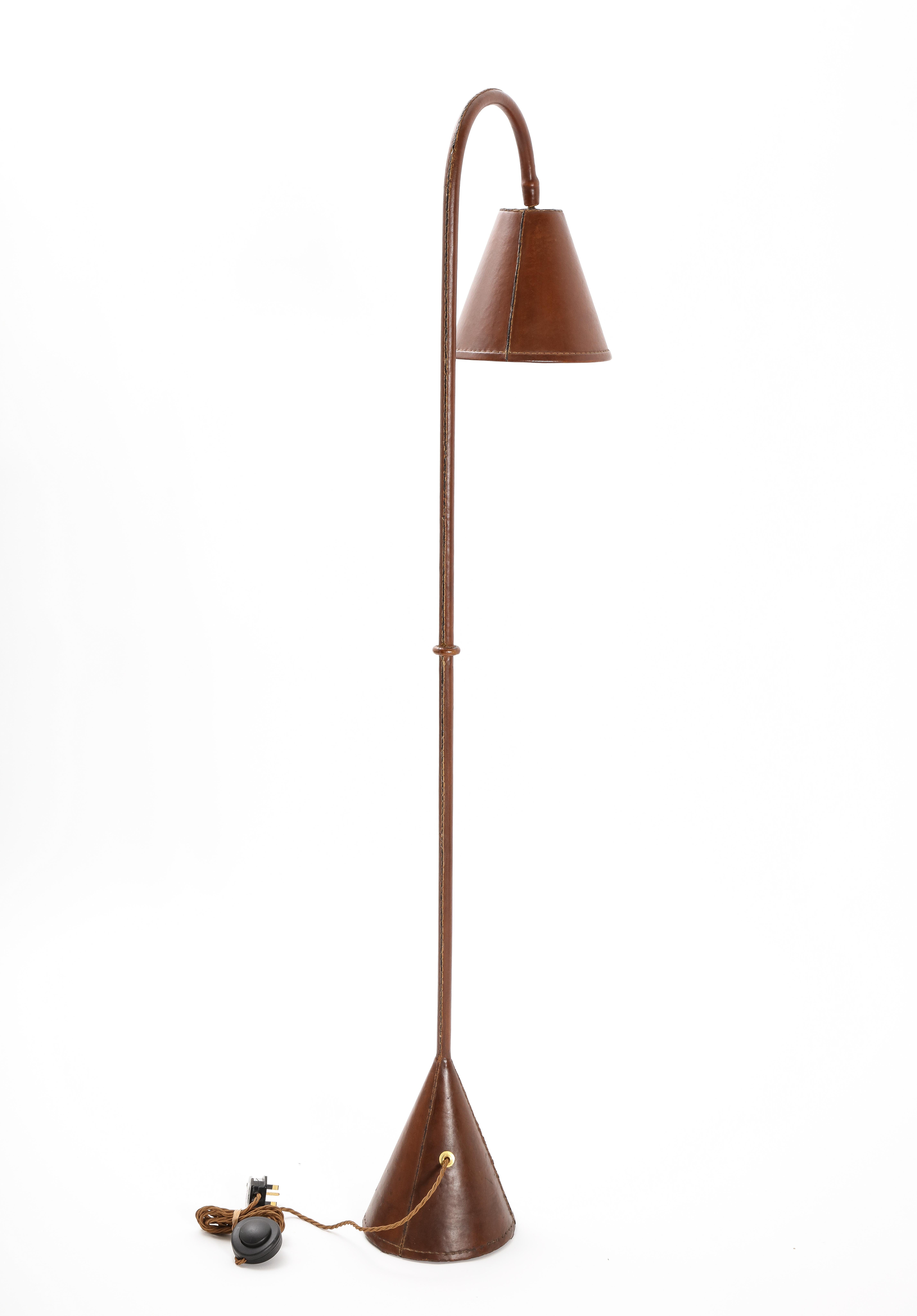 Steel Jacques Adnet Dual Cone Leather Floor Lamps. France 1950s