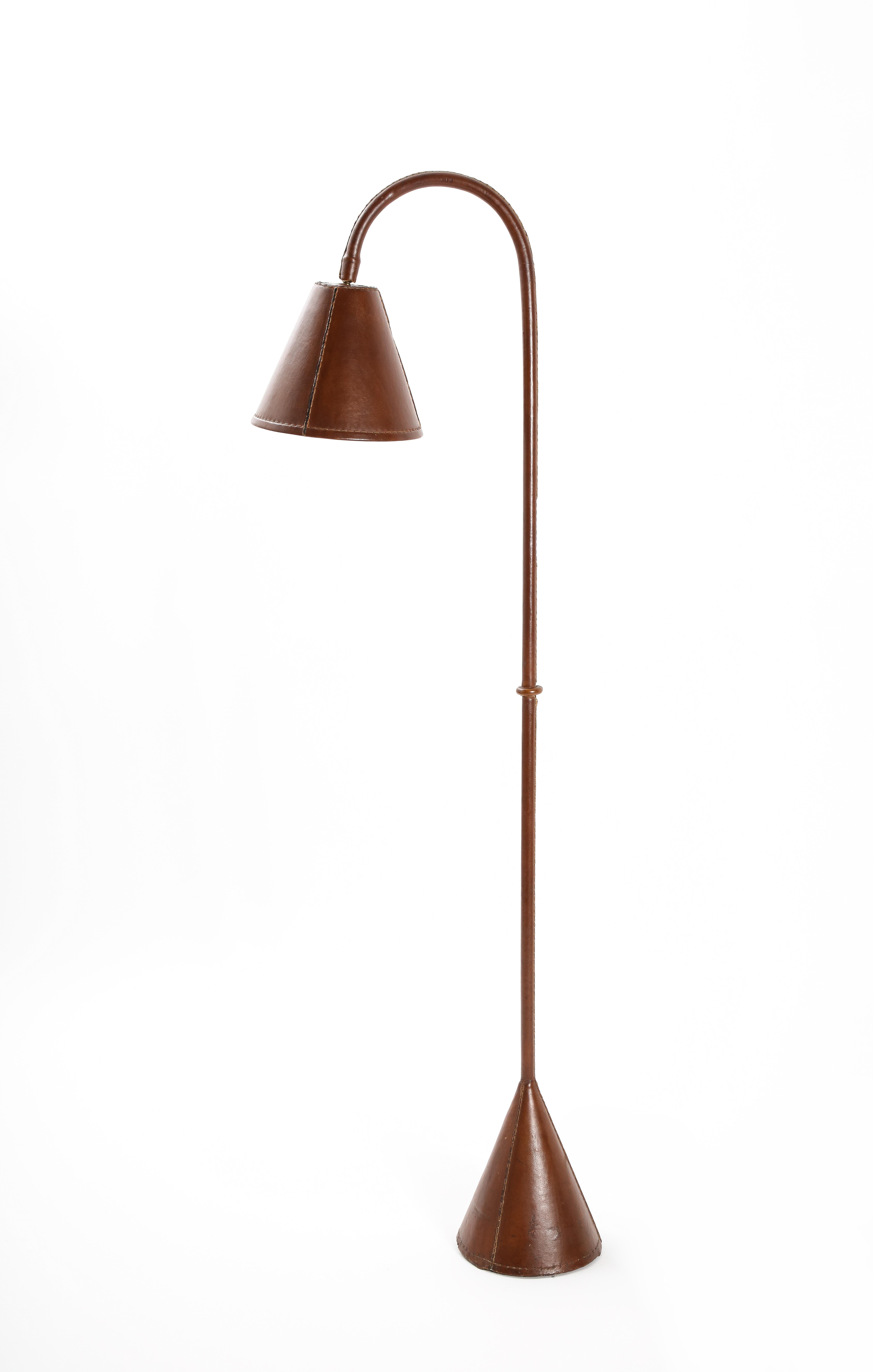 Jacques Adnet Dual Cone Leather Floor Lamps. France 1950s 1