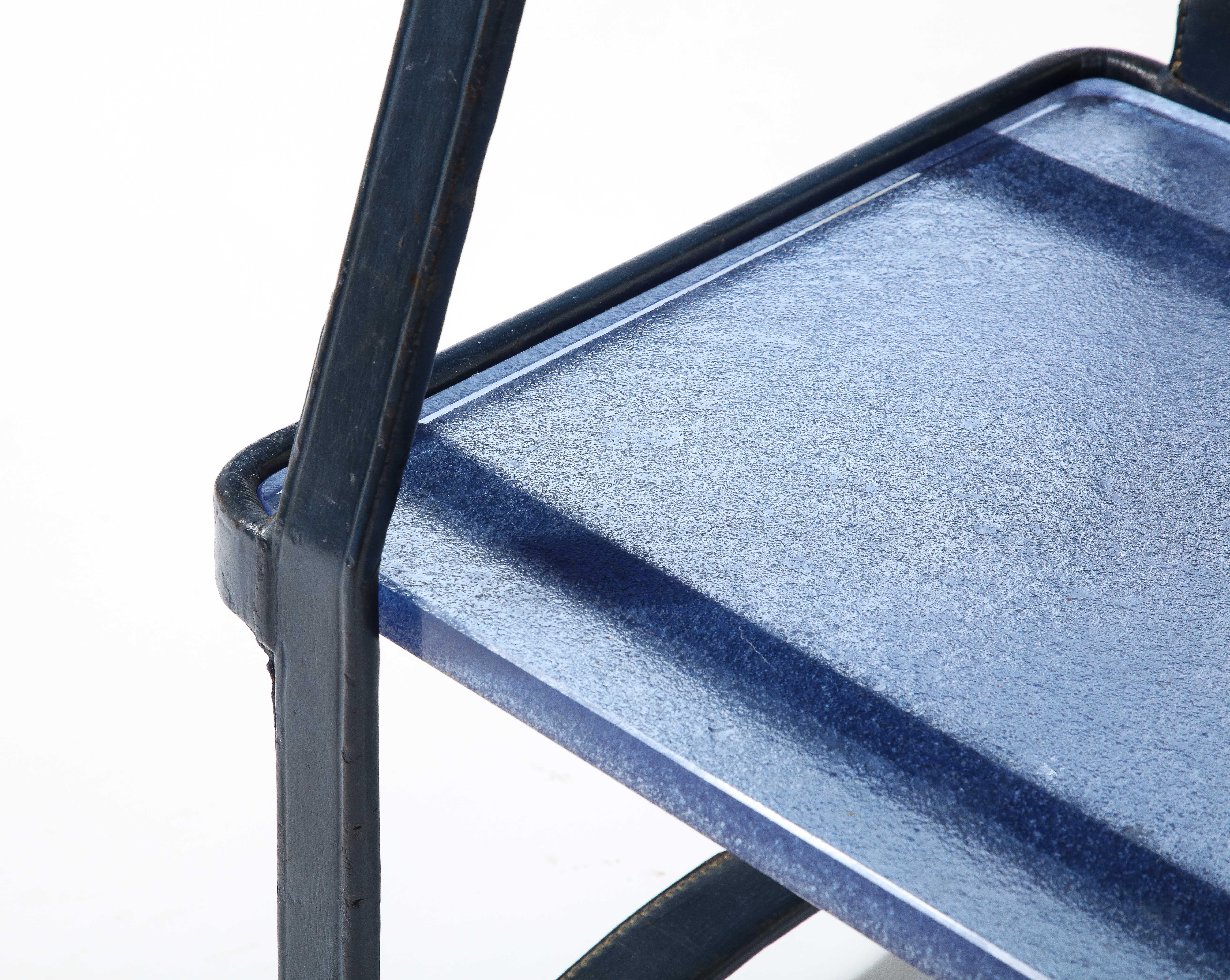 Jacques Adnet End Table in Blue Leather & Cobalt St. Gobain Glass, France 1950's 4