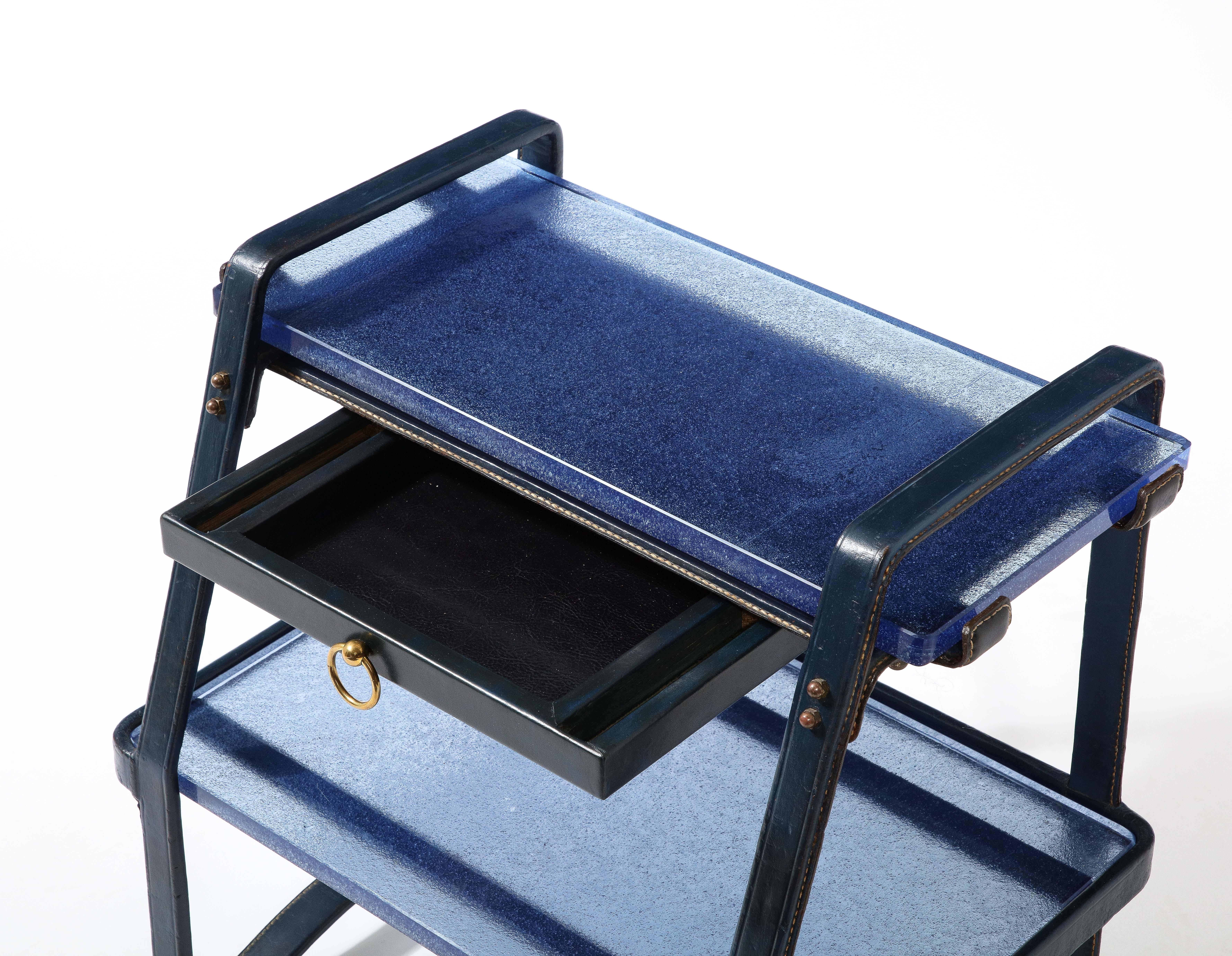 Jacques Adnet End Table in Blue Leather & Cobalt St. Gobain Glass, France 1950's 5