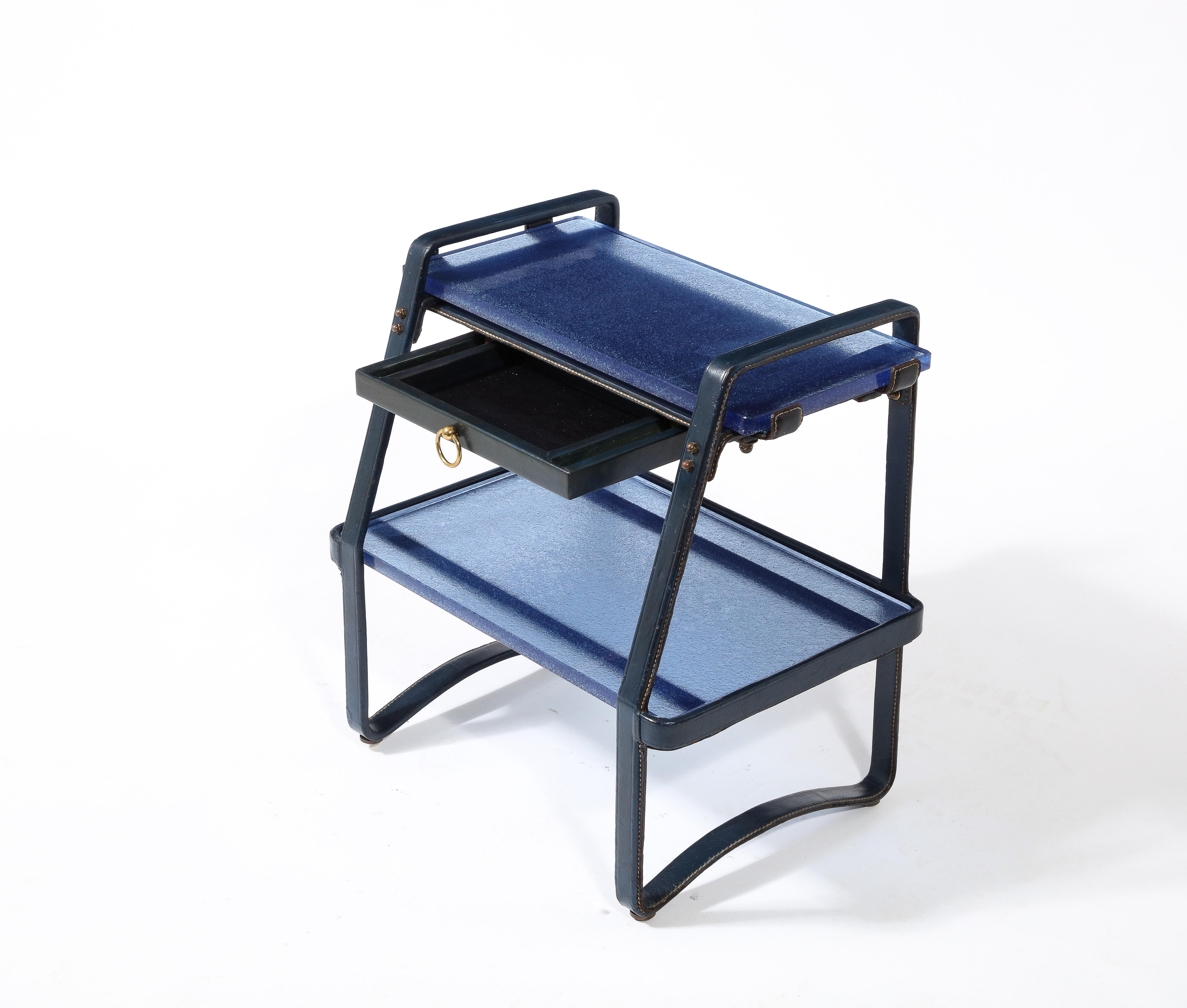 Jacques Adnet End Table in Blue Leather & Cobalt St. Gobain Glass, France 1950's 6