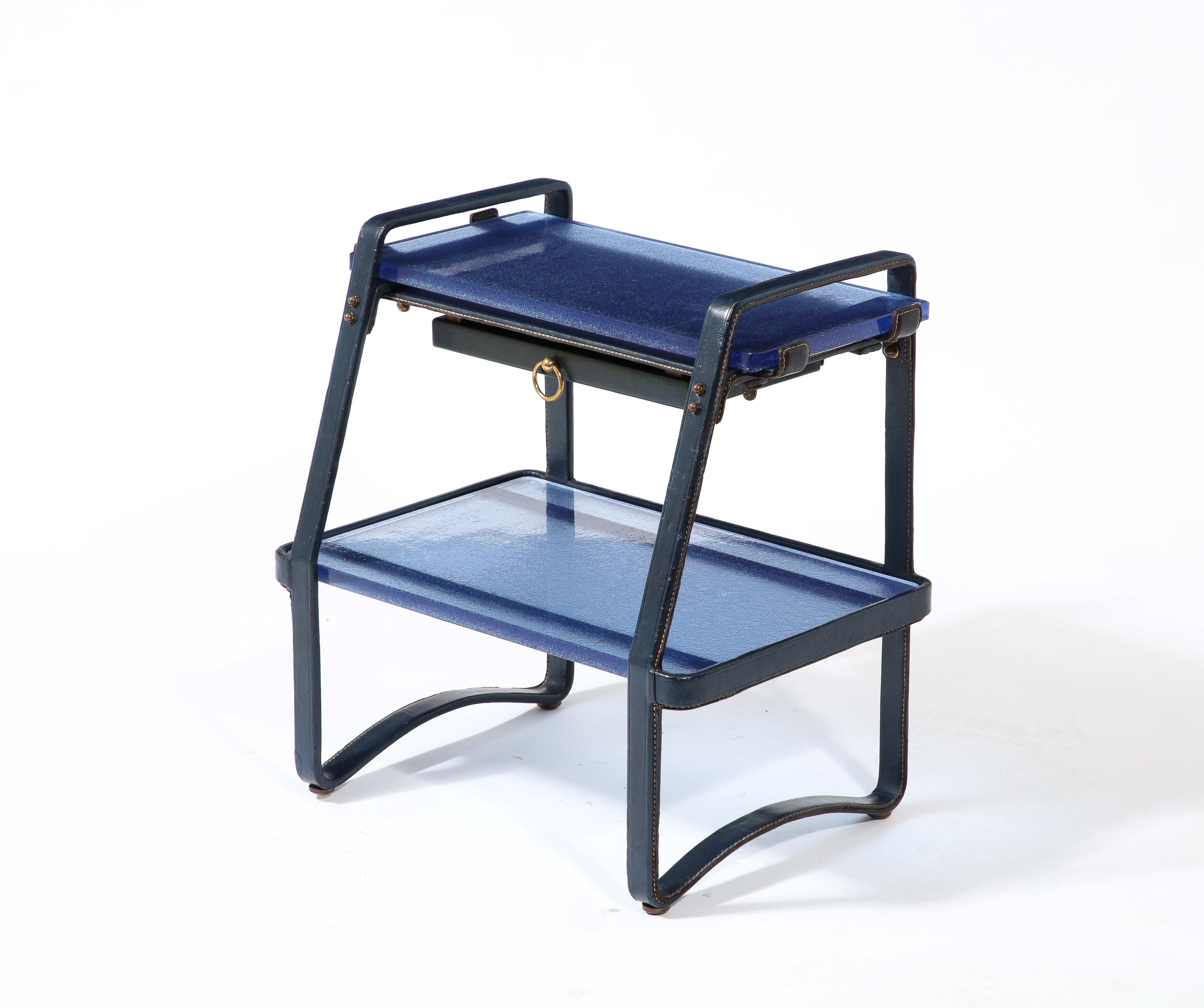 Jacques Adnet End Table in Blue Leather & Cobalt St. Gobain Glass, France 1950's 8