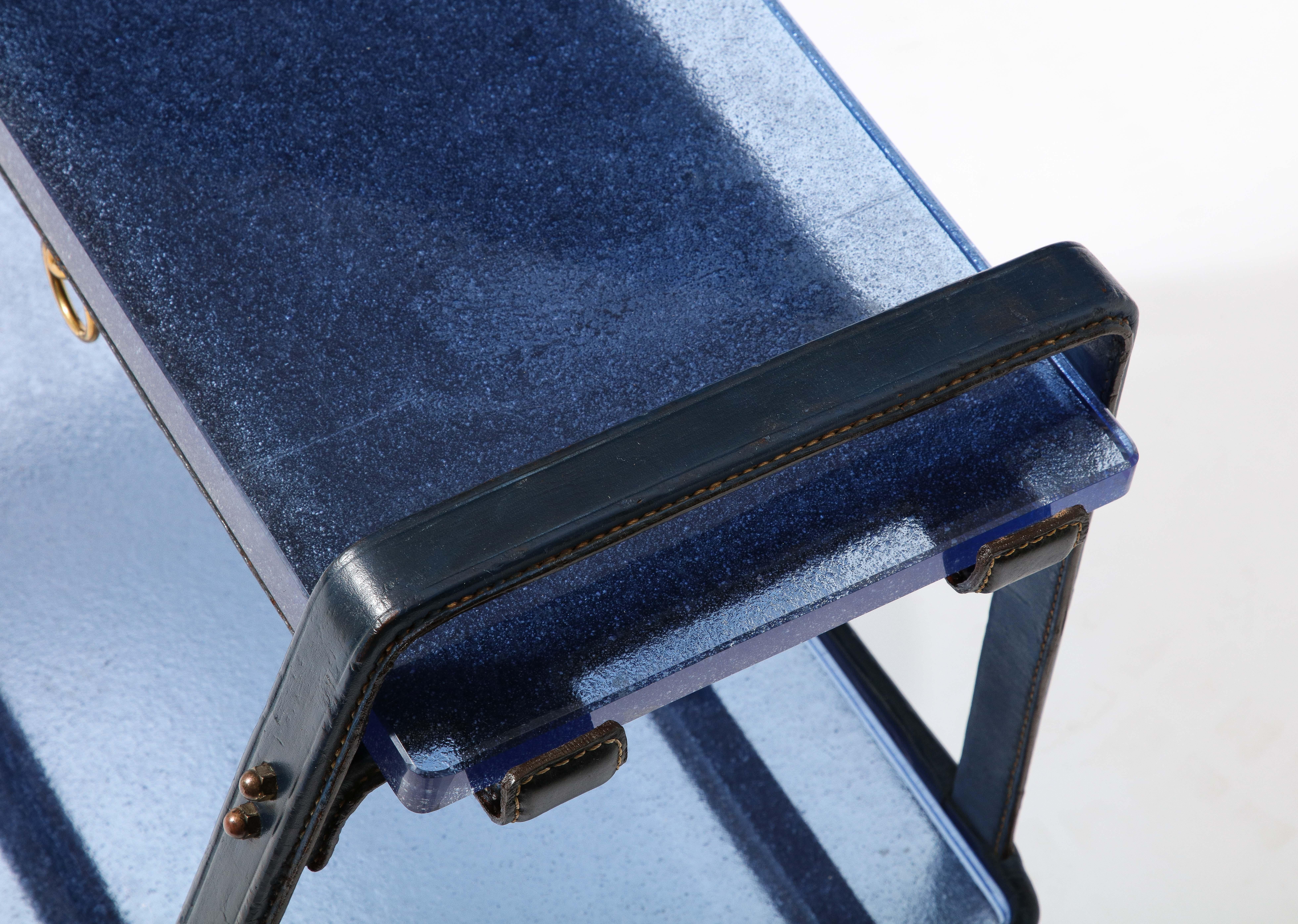 Jacques Adnet End Table in Blue Leather & Cobalt St. Gobain Glass, France 1950's 9