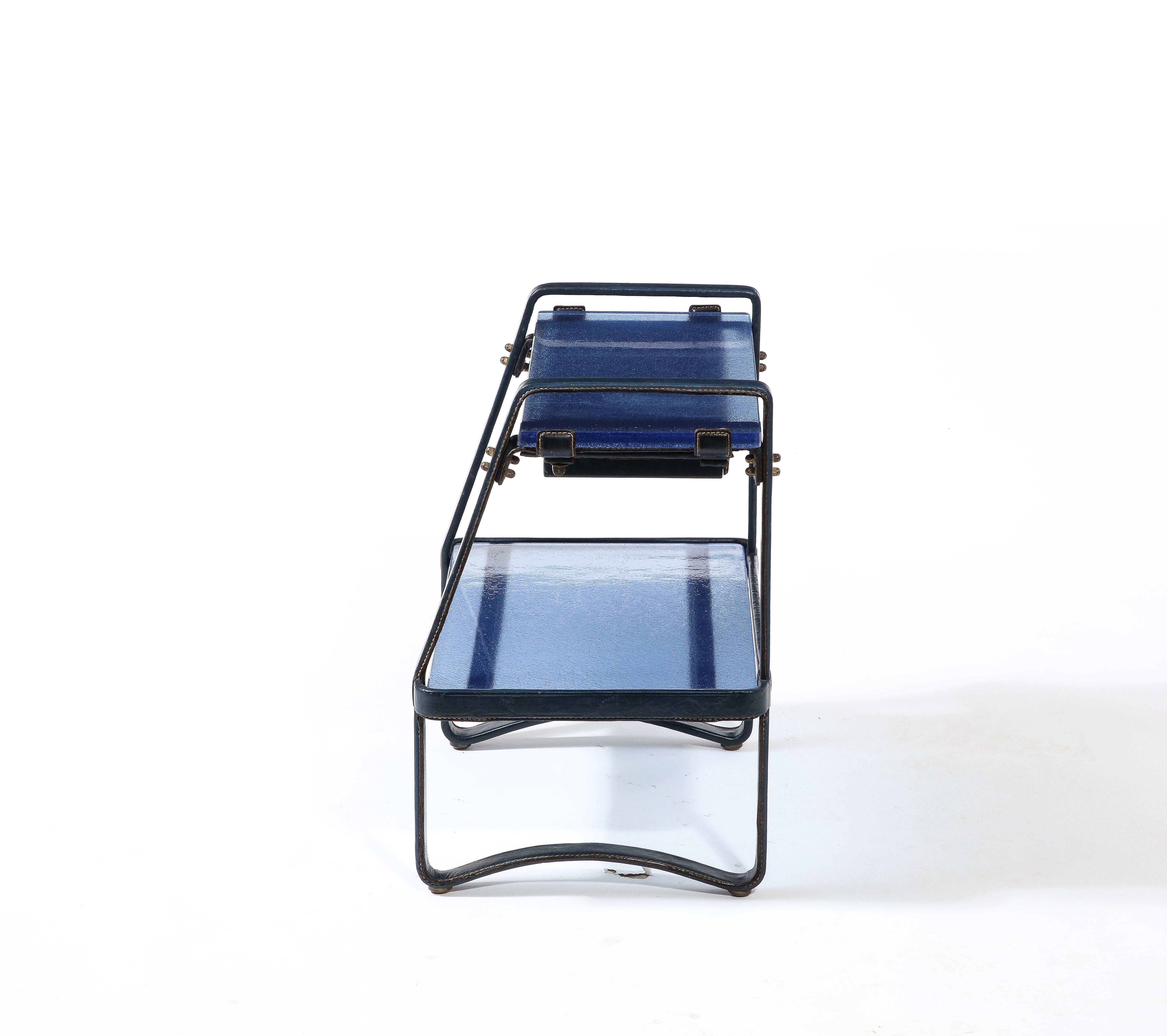 Jacques Adnet End Table in Blue Leather & Cobalt St. Gobain Glass, France 1950's 10