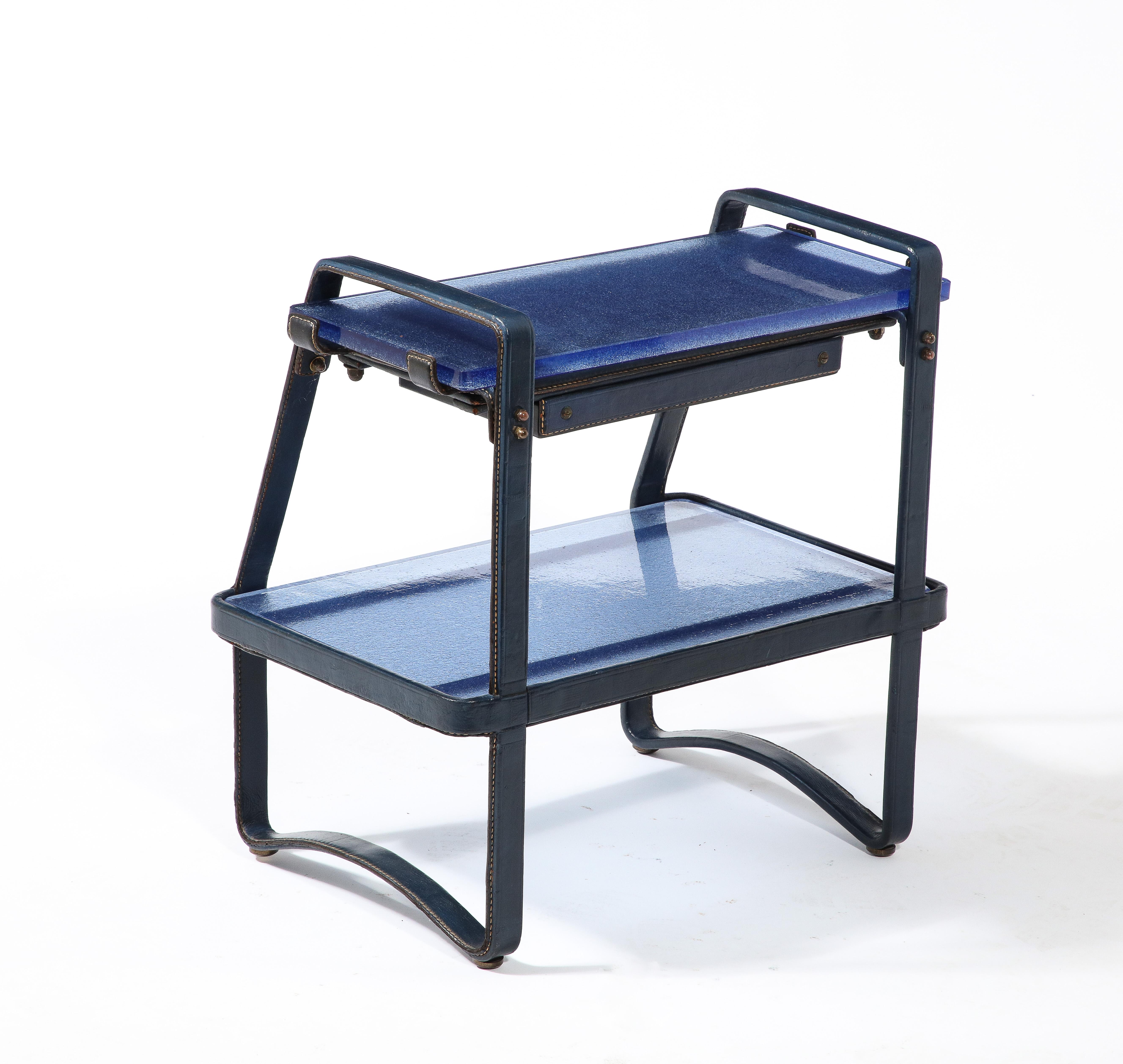 Jacques Adnet End Table in Blue Leather & Cobalt St. Gobain Glass, France 1950's 12