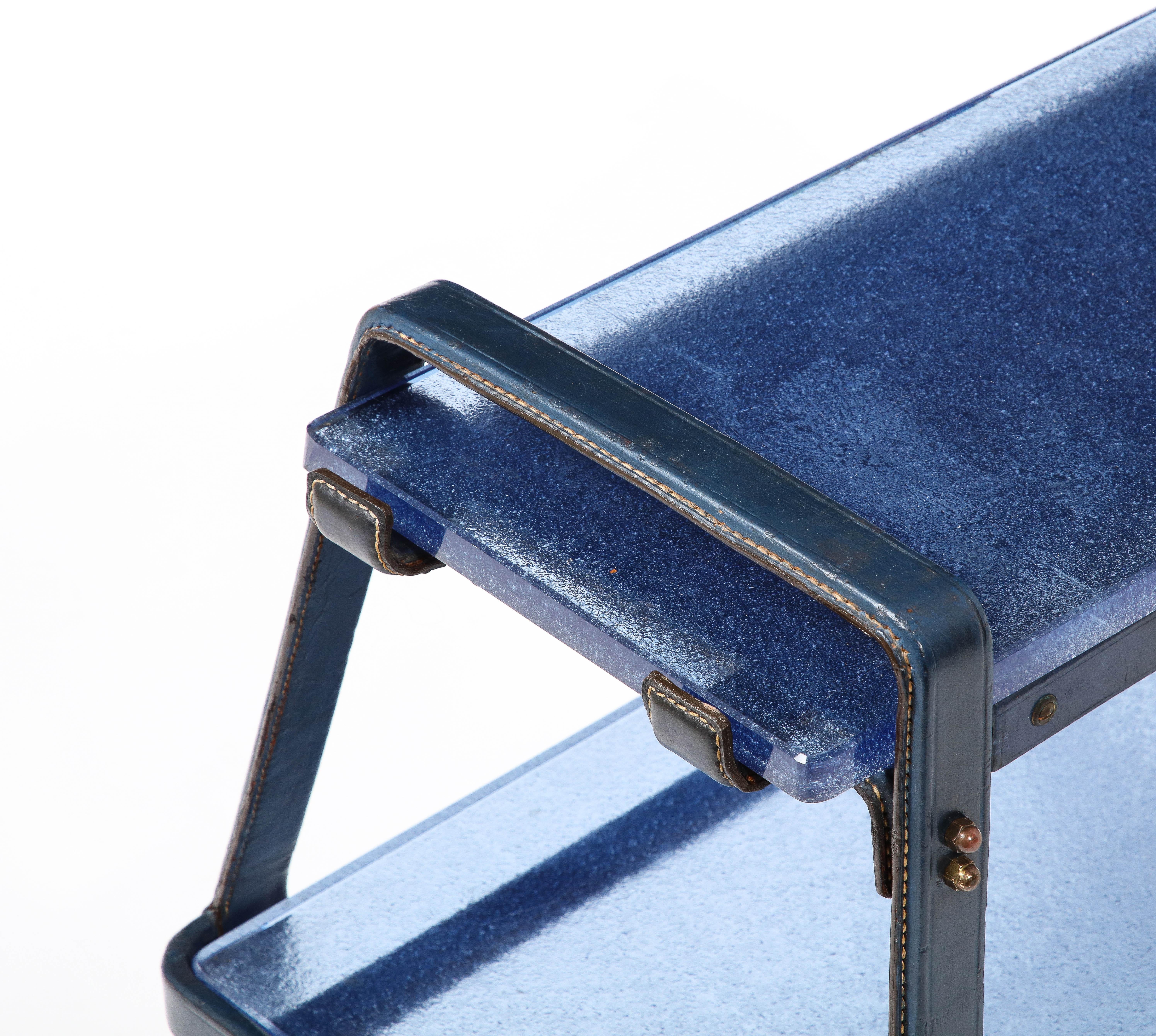Jacques Adnet End Table in Blue Leather & Cobalt St. Gobain Glass, France 1950's 13