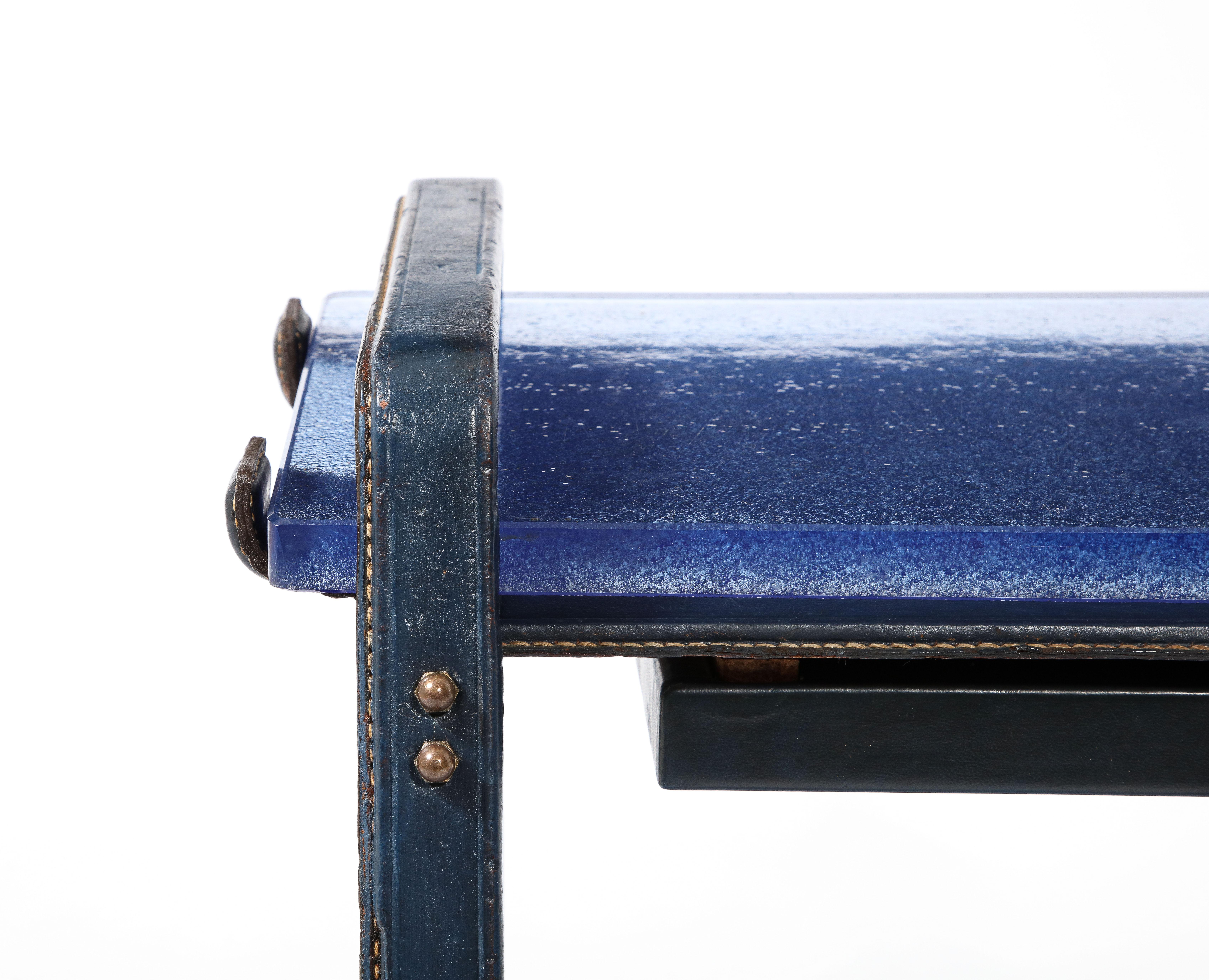 Mid-Century Modern Jacques Adnet End Table in Blue Leather & Cobalt St. Gobain Glass, France 1950's