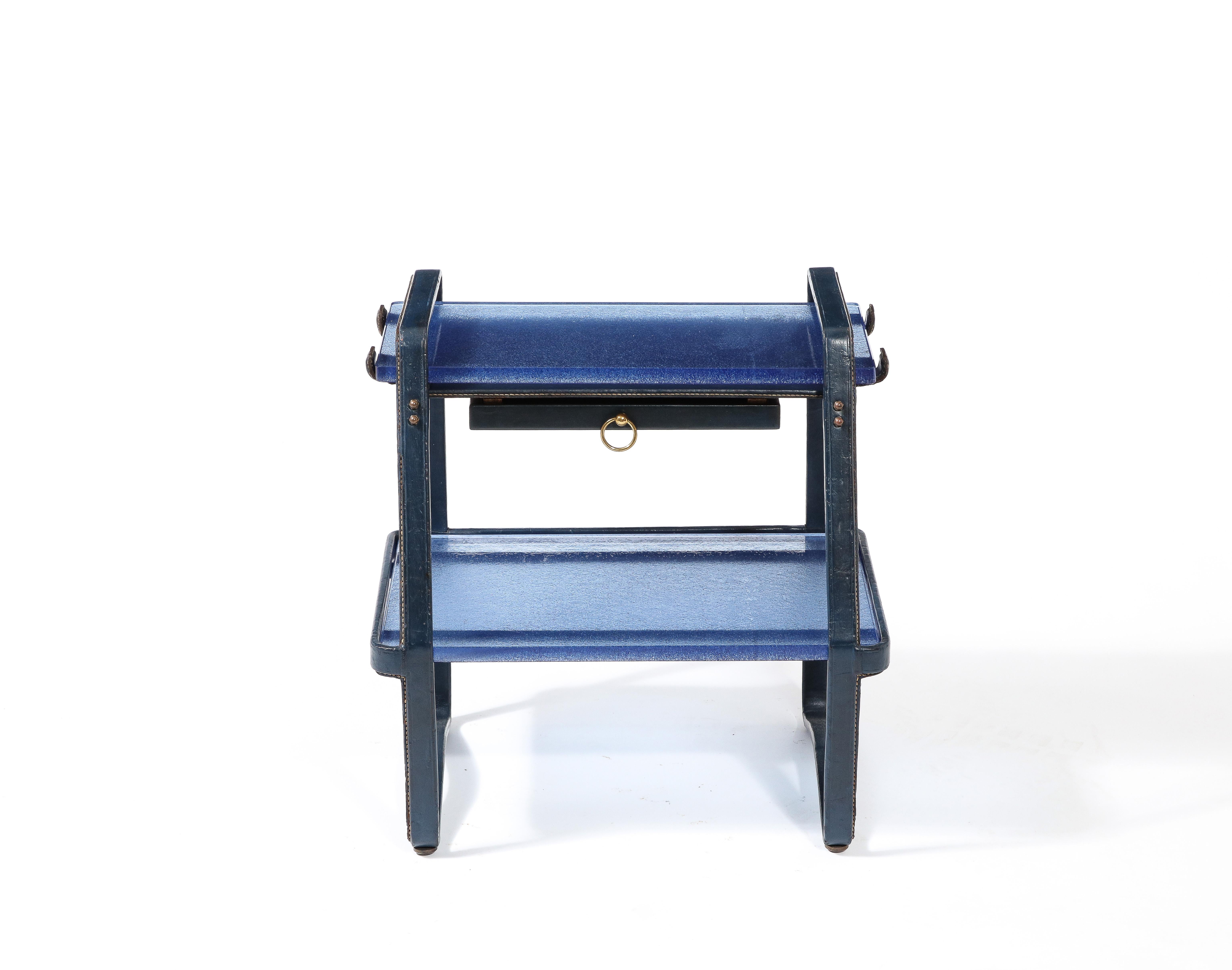 French Jacques Adnet End Table in Blue Leather & Cobalt St. Gobain Glass, France 1950's