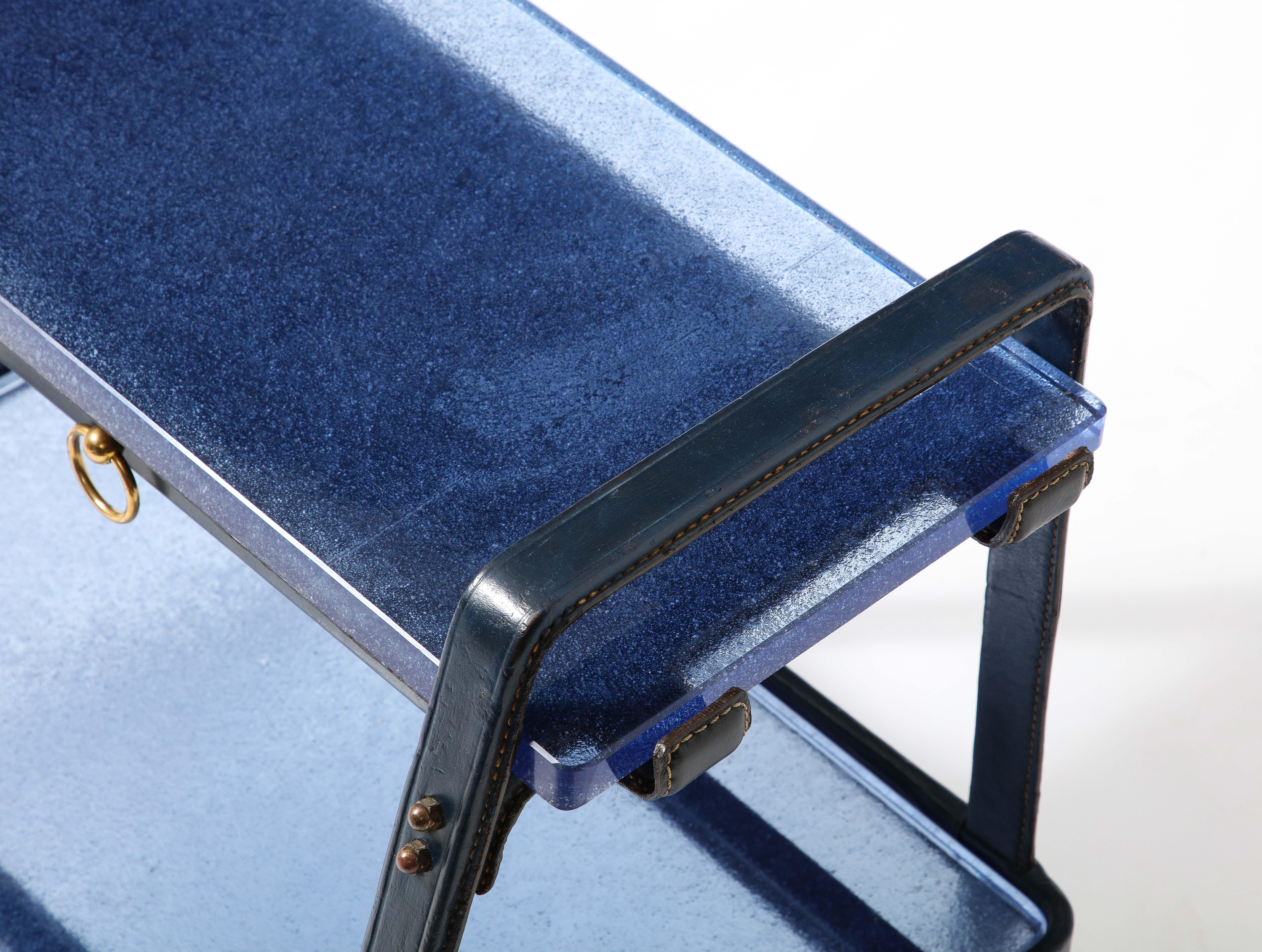 Cast Jacques Adnet End Table in Blue Leather & Cobalt St. Gobain Glass, France 1950's