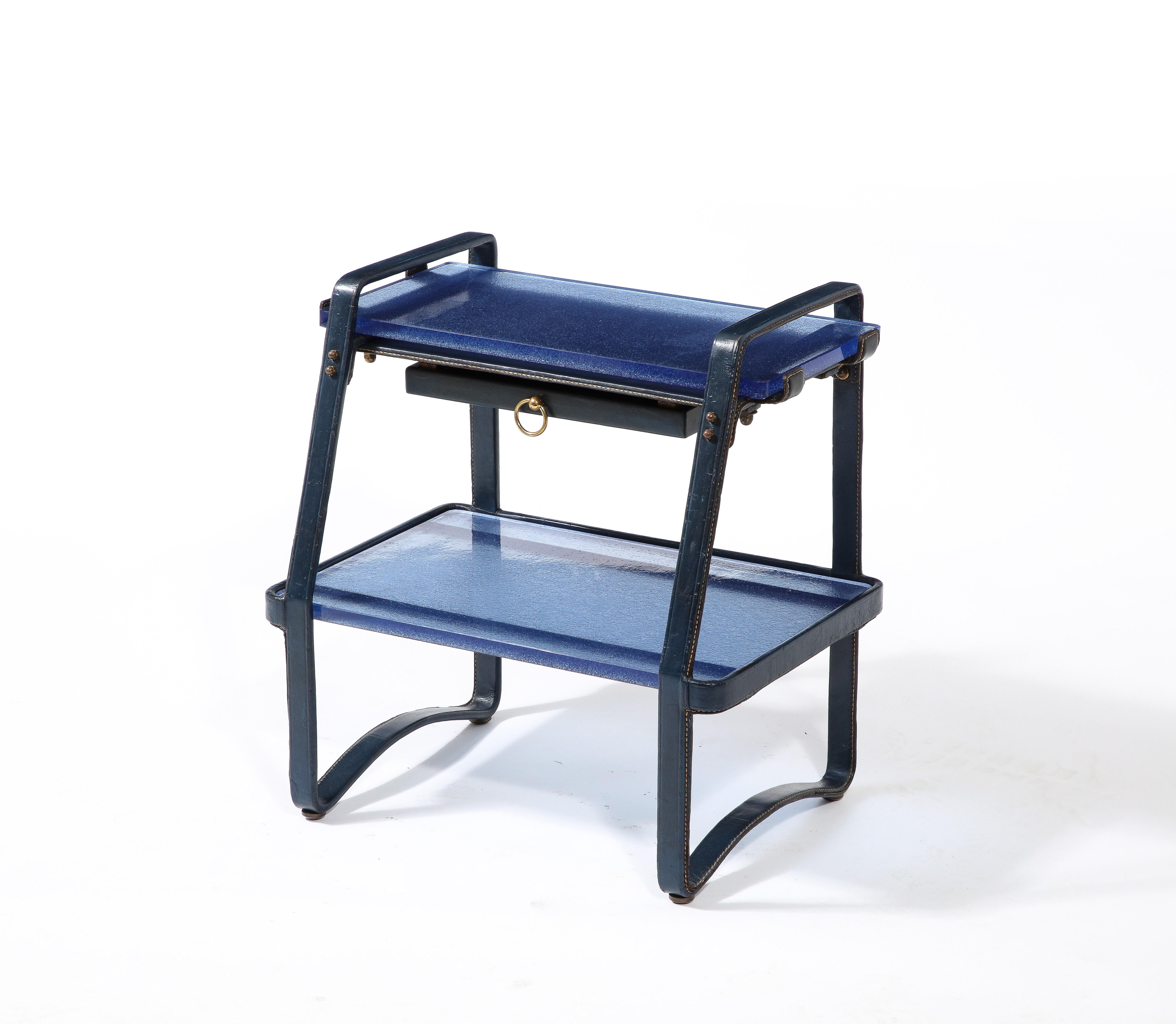 Jacques Adnet End Table in Blue Leather & Cobalt St. Gobain Glass, France 1950's In Good Condition In New York, NY
