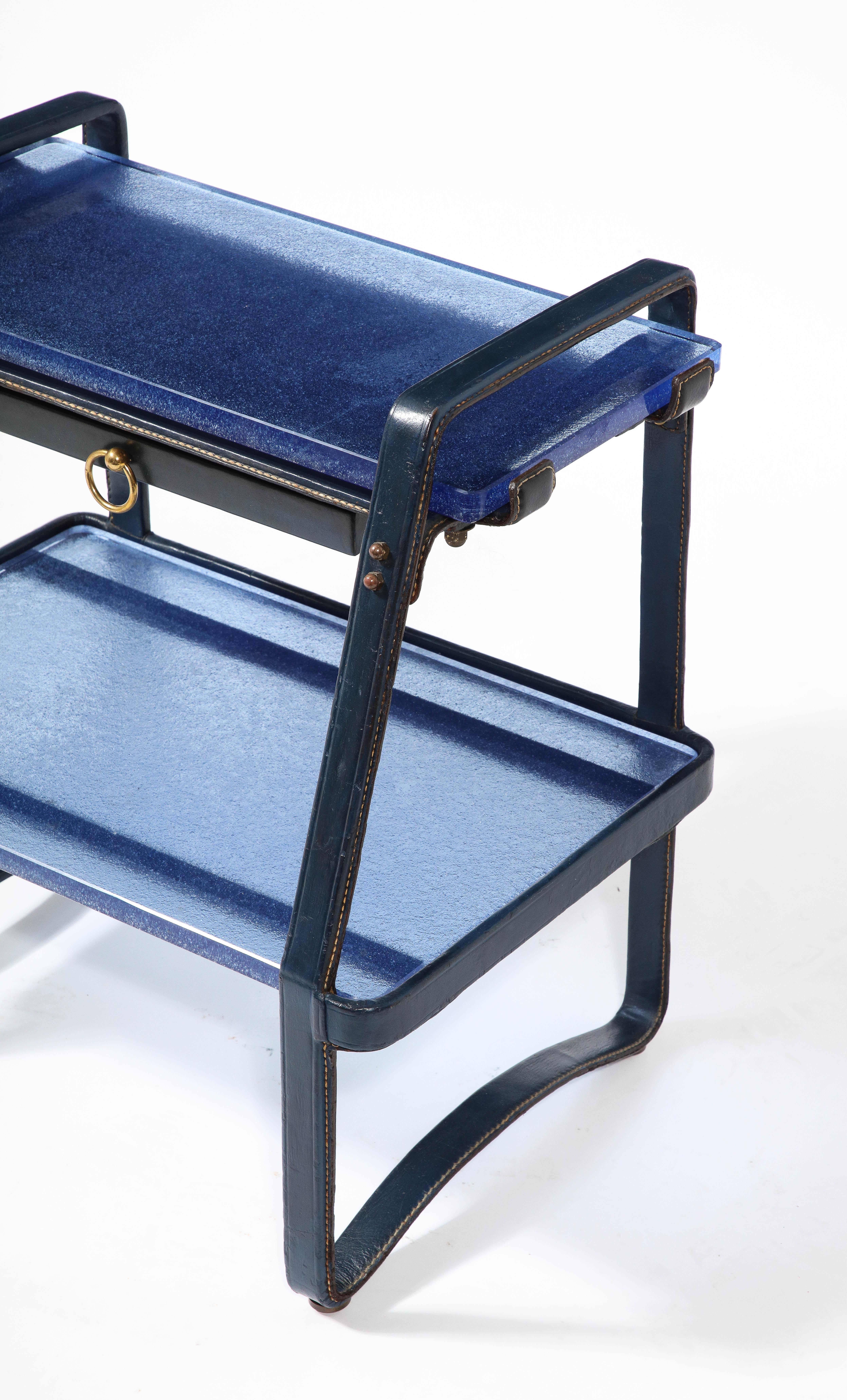 Jacques Adnet End Table in Blue Leather & Cobalt St. Gobain Glass, France 1950's 1