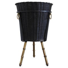 Jacques Adnet Faux Bamboo Brass and Wicker Tripod Planter, France, 1950s