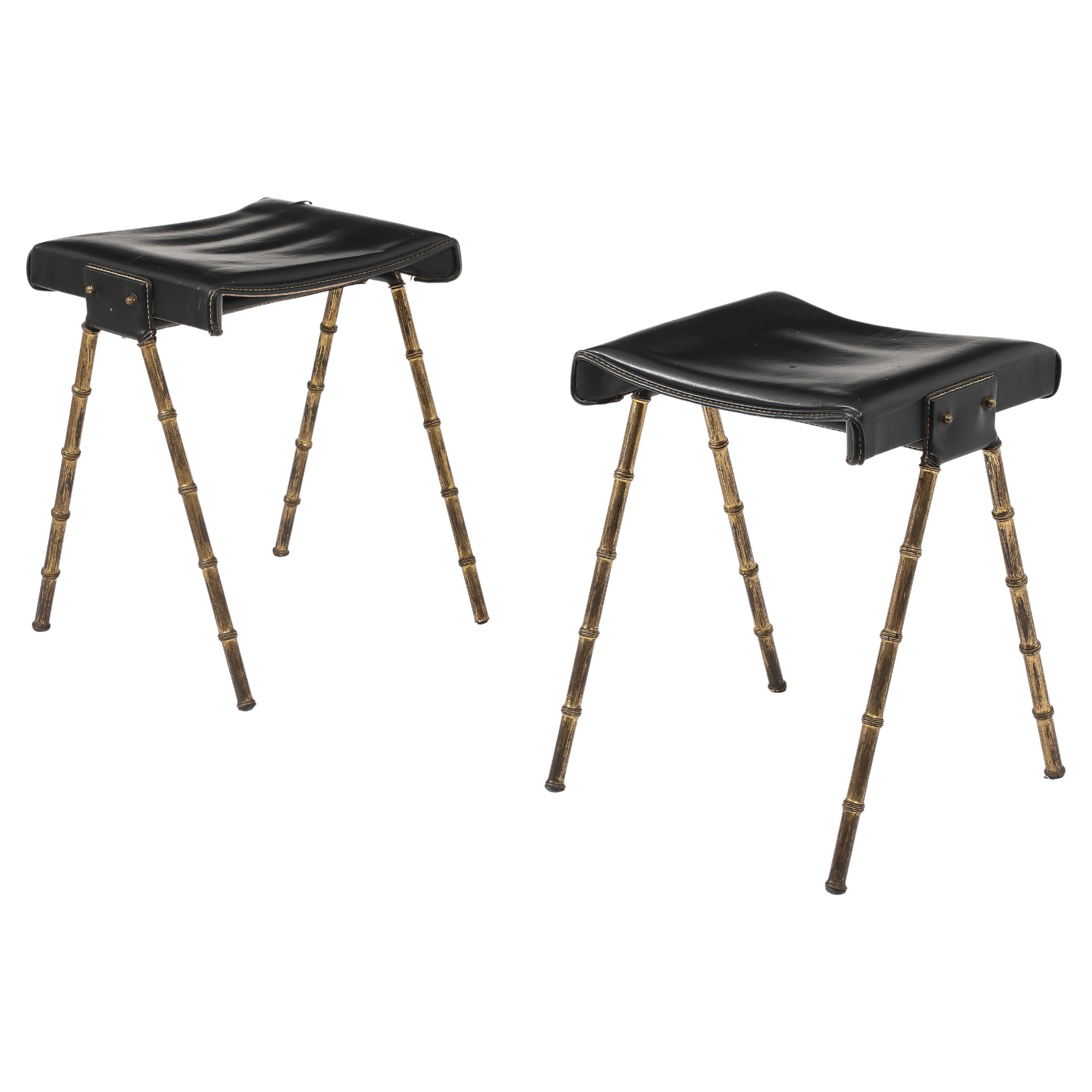 Jacques Adnet Faux Bamboo & Leather Stools, France 1950's
